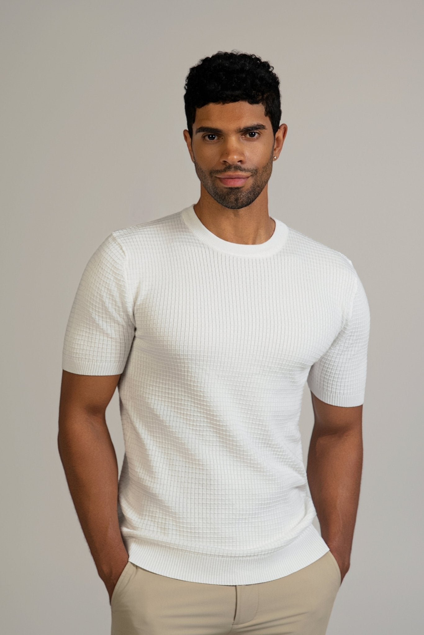 Waffle Knit Crew Neck Short Sleeve Sweater