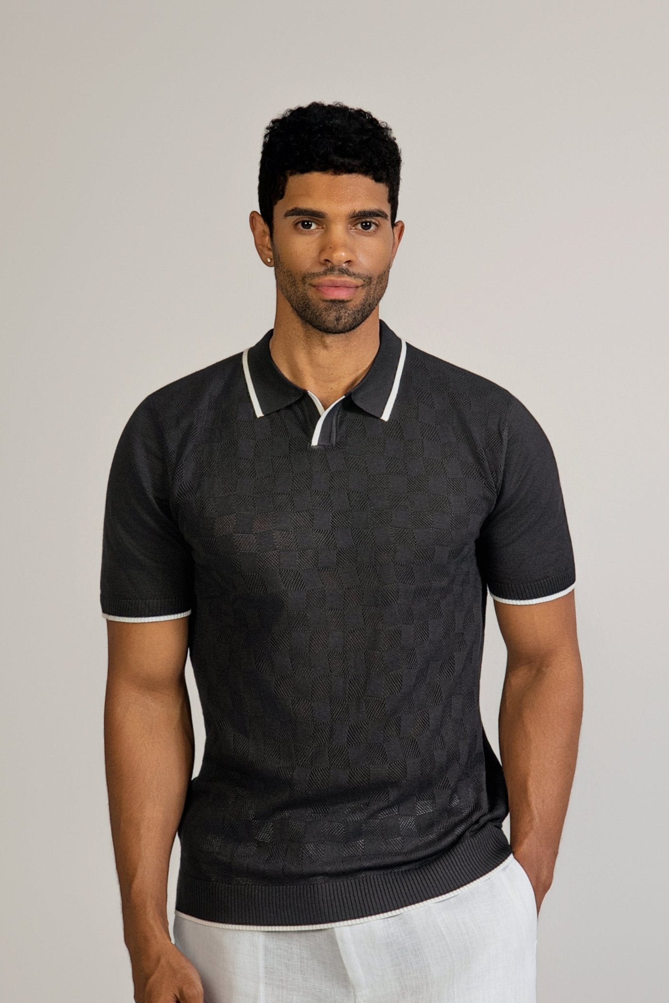 Checkerboard Knit Polo Short Sleeve