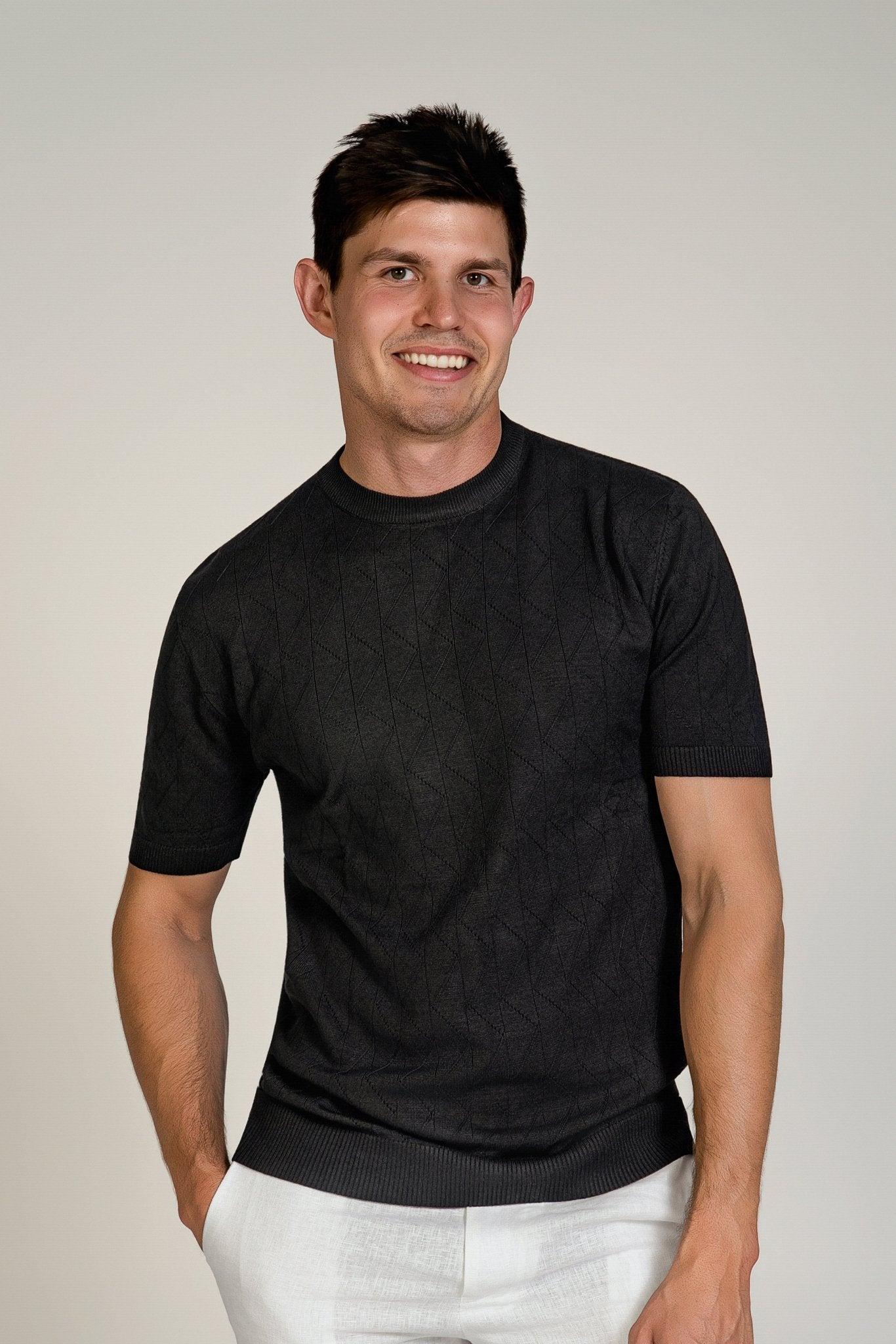 Fancy Knit Crew Neck Tee Short Sleeve Fine Rib