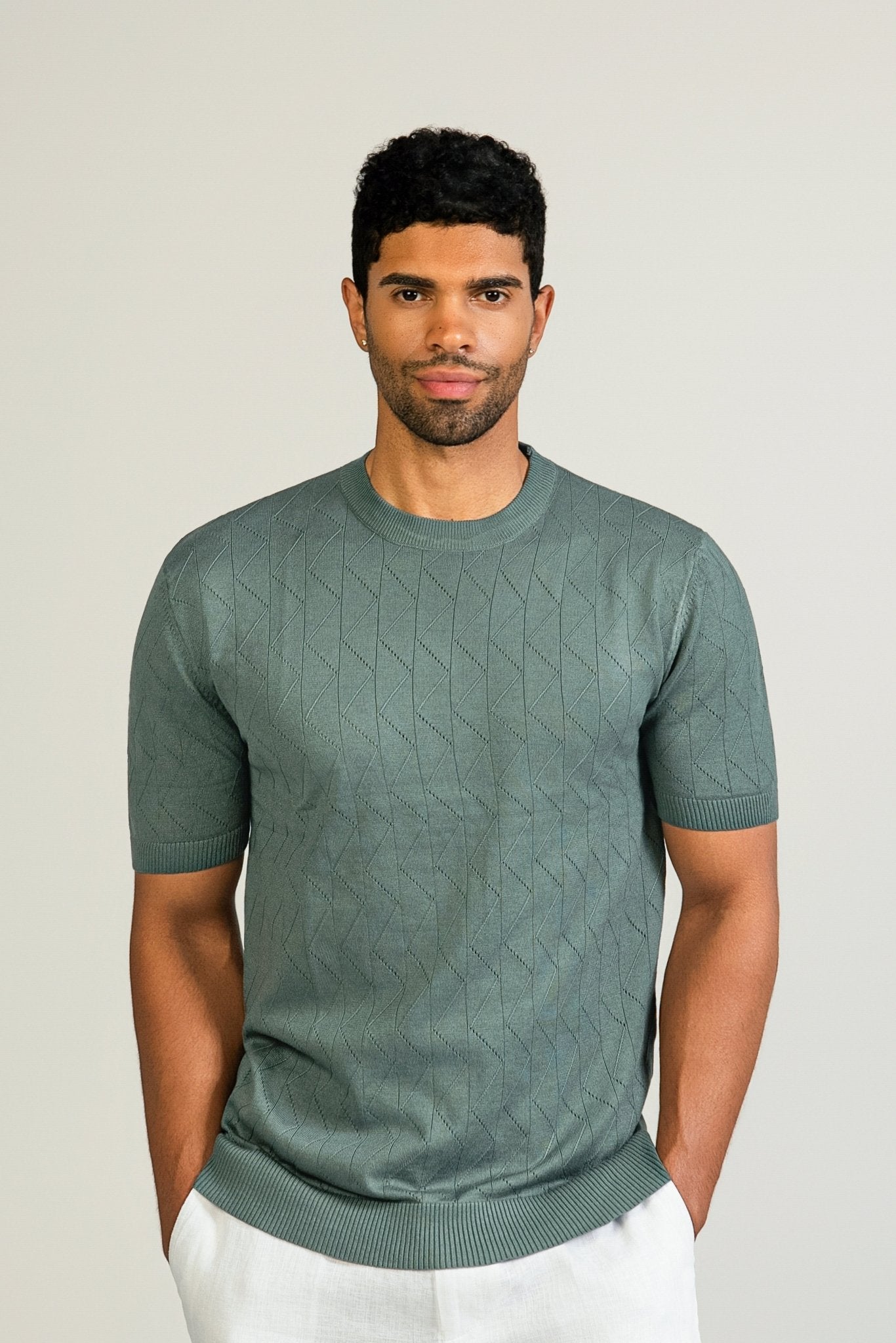 Fancy Knit Crew Neck Tee Short Sleeve Fine Rib
