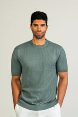 Fancy Knit Crew Neck Tee Short Sleeve Fine Rib