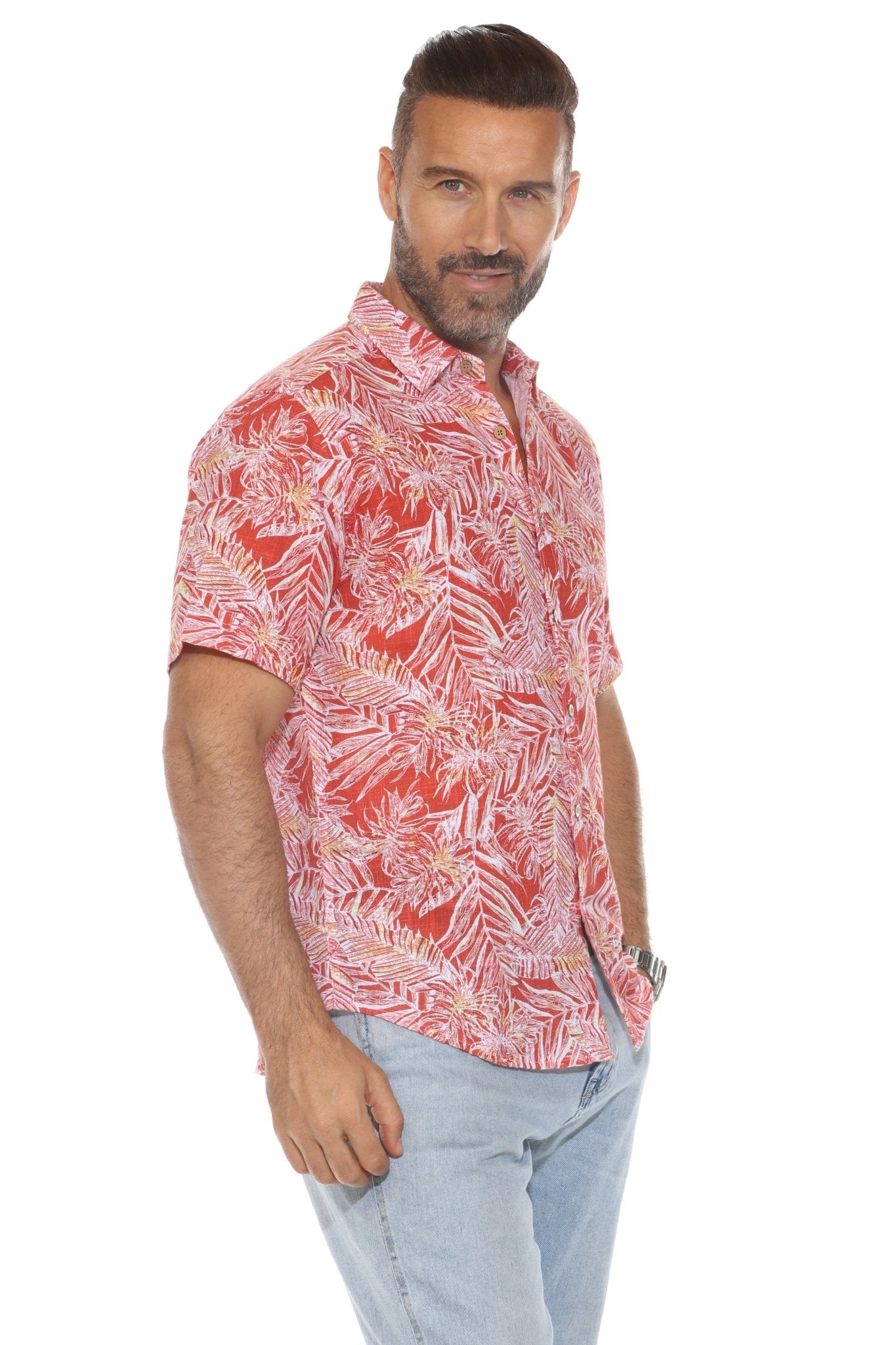 Camisa estampada informal de mezcla de lino estilo resort