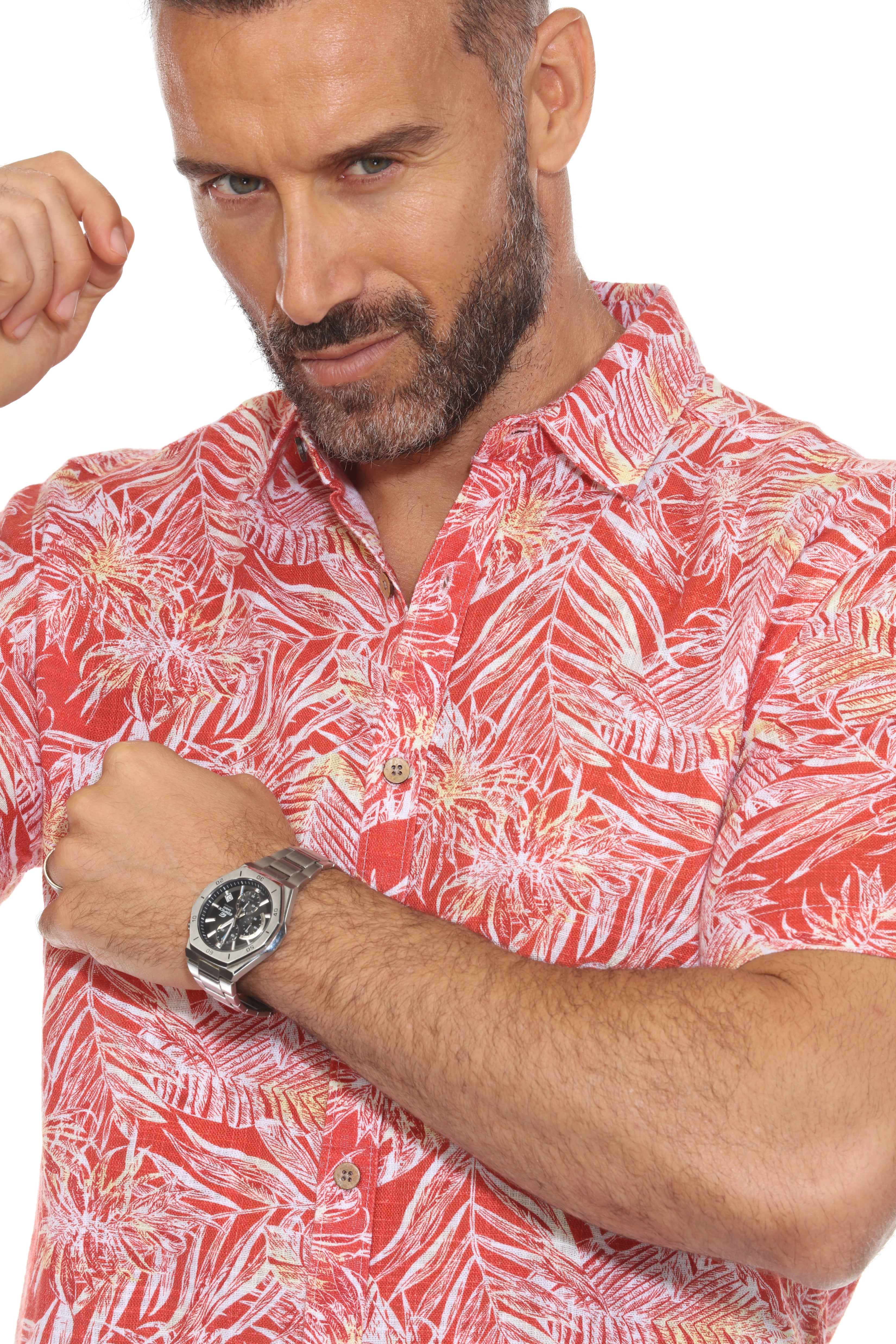 Camisa informal de lino con estampado estilo resort para hombre