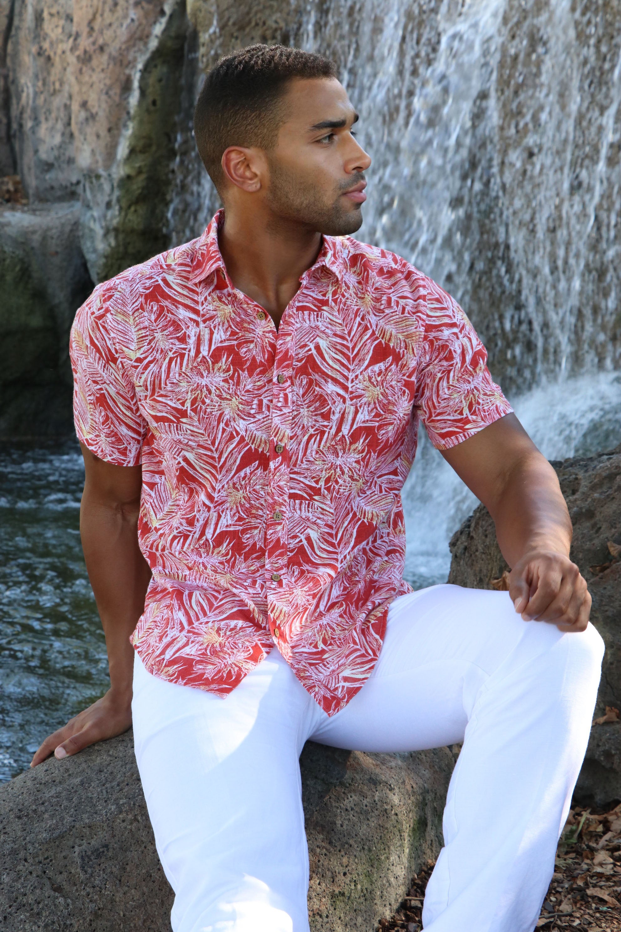 Camisa informal de lino con estampado estilo resort para hombre