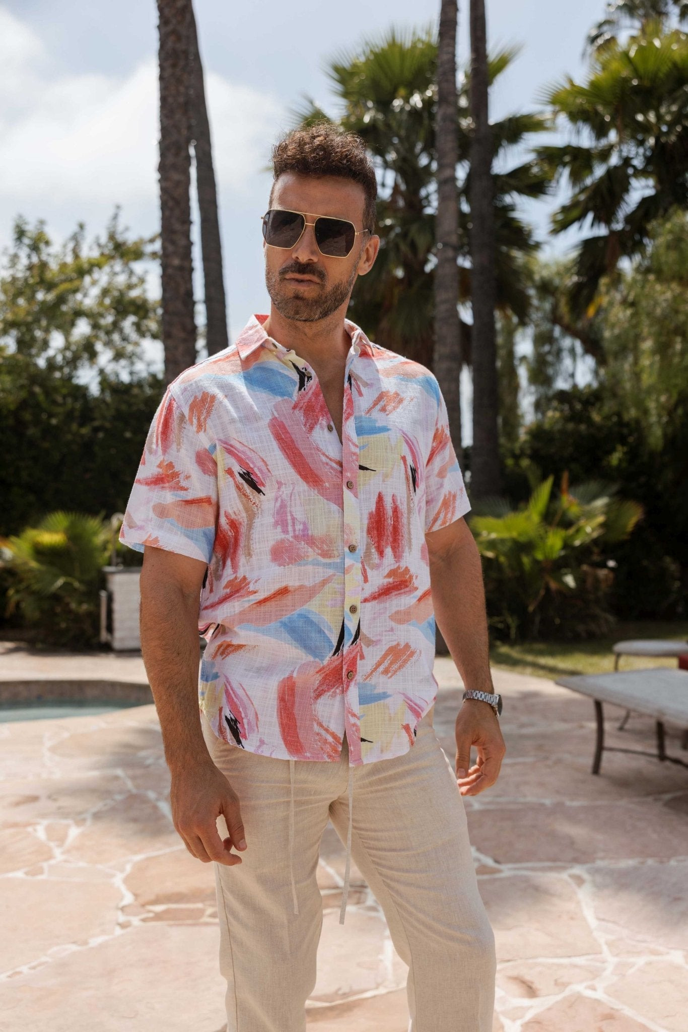 Resort Style Casual Linen Blend Colorful Print Shirt