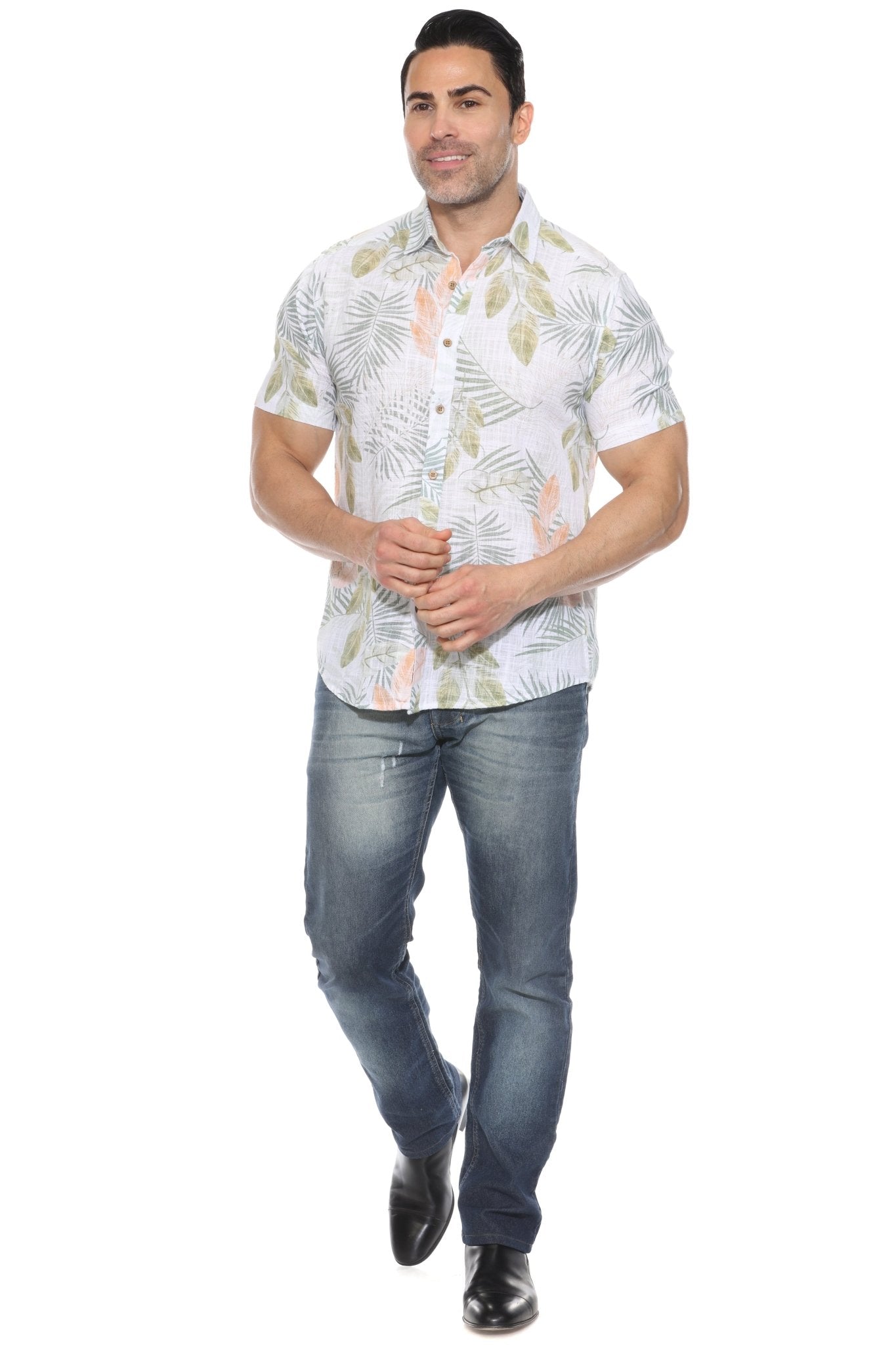 Camisa informal de lino con estampado estilo resort para hombre