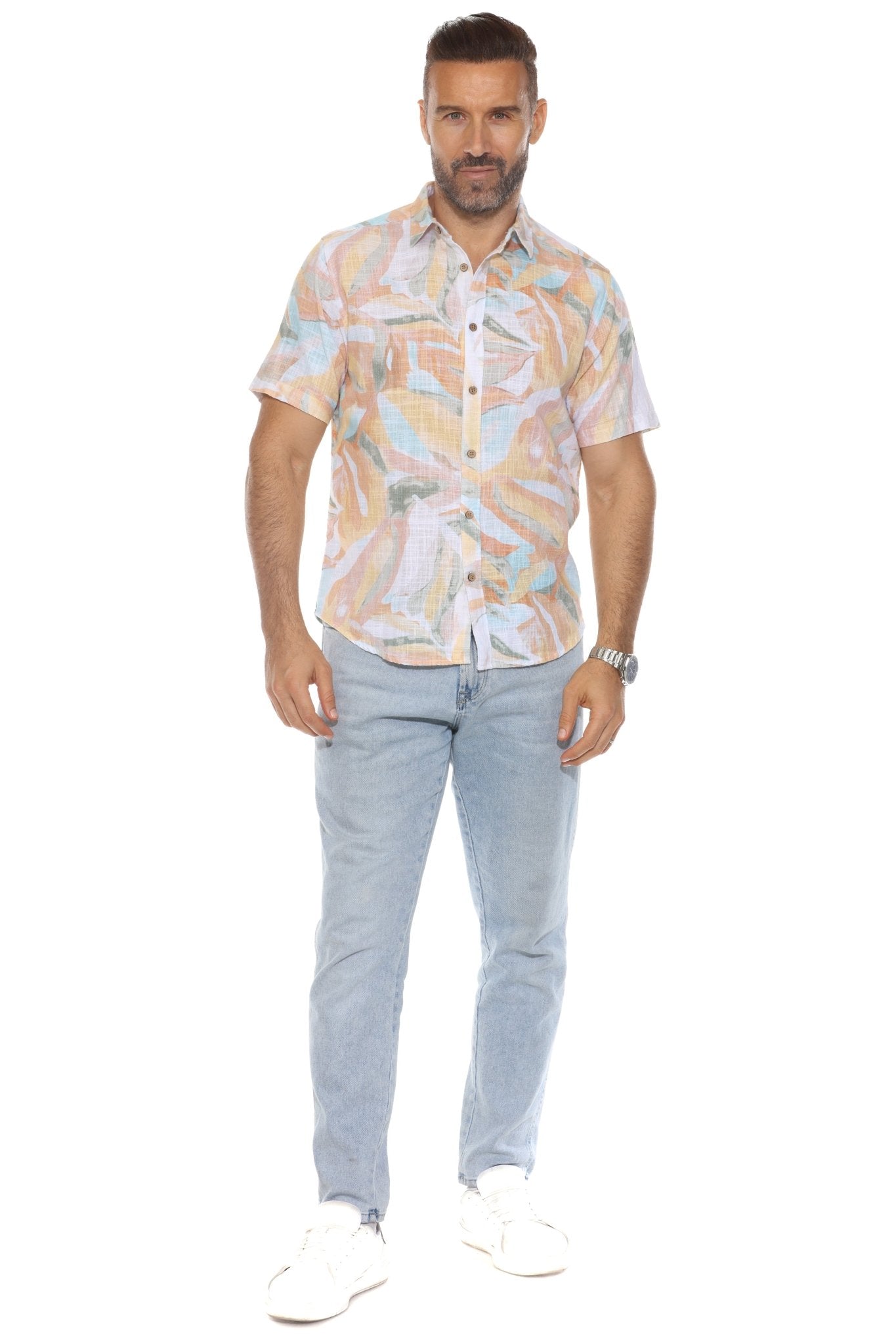Camisa informal de lino con estampado colorido estilo resort para hombre