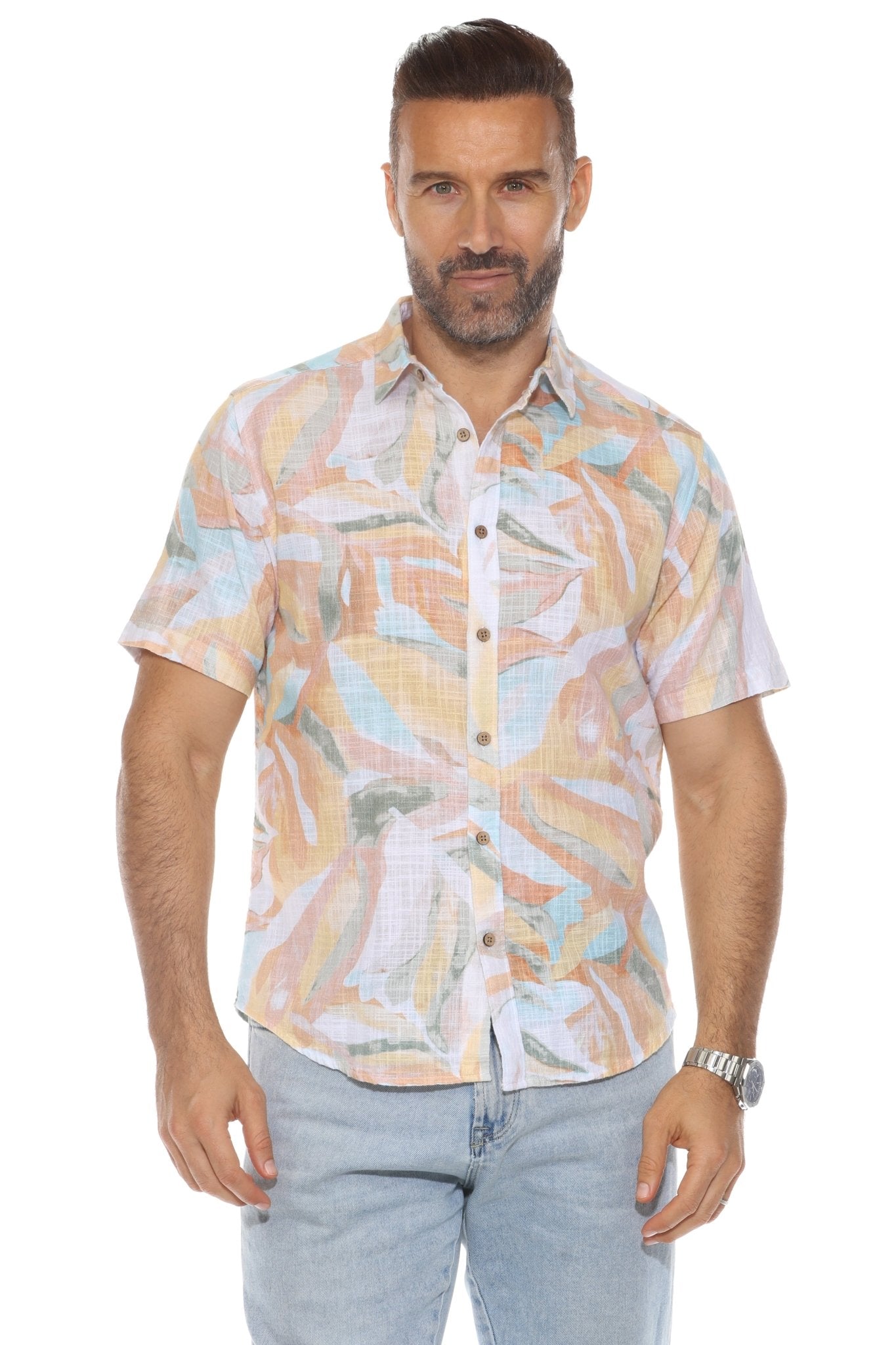 Camisa informal de lino con estampado colorido estilo resort para hombre