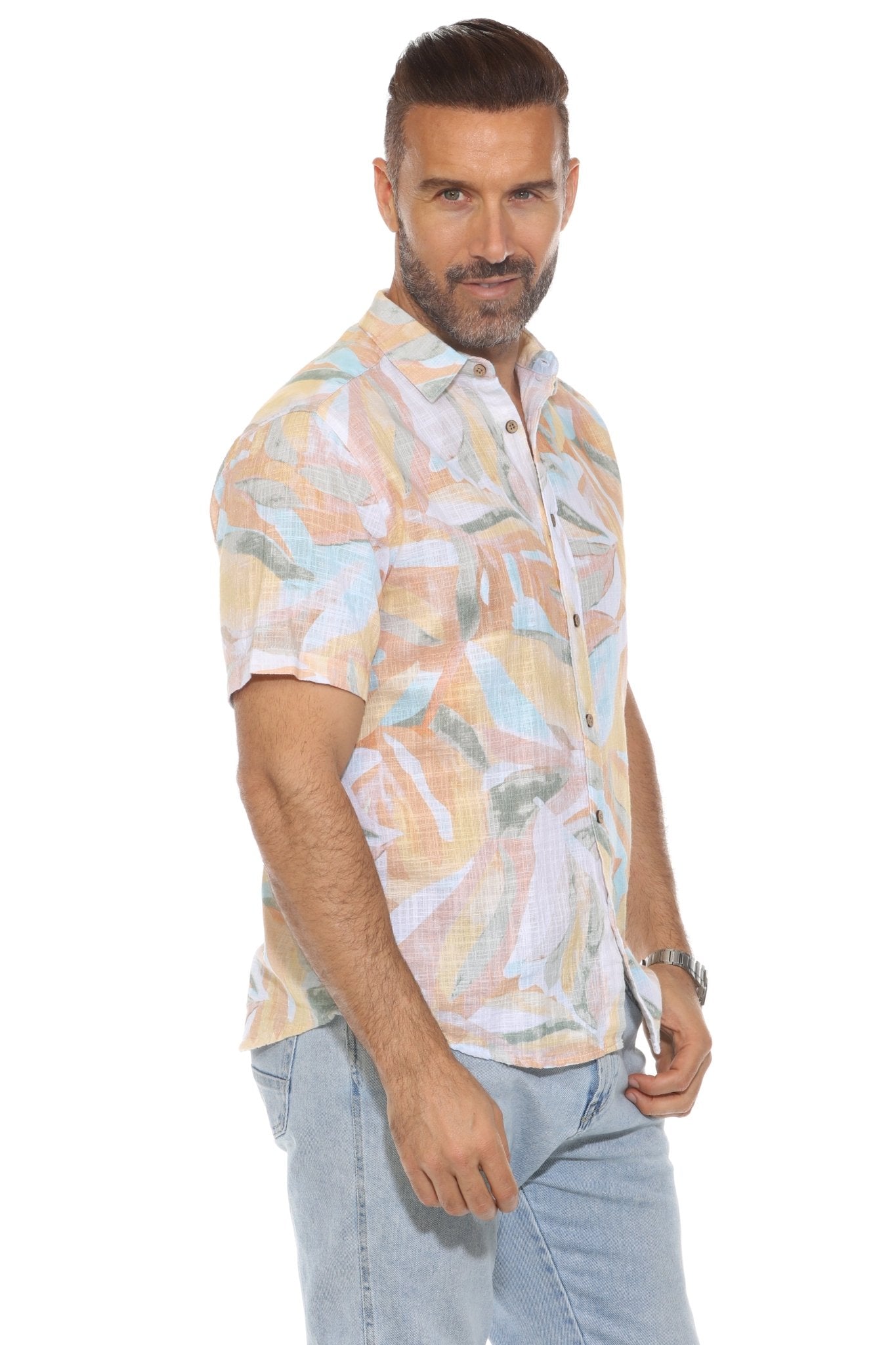 Camisa informal de lino con estampado colorido estilo resort para hombre