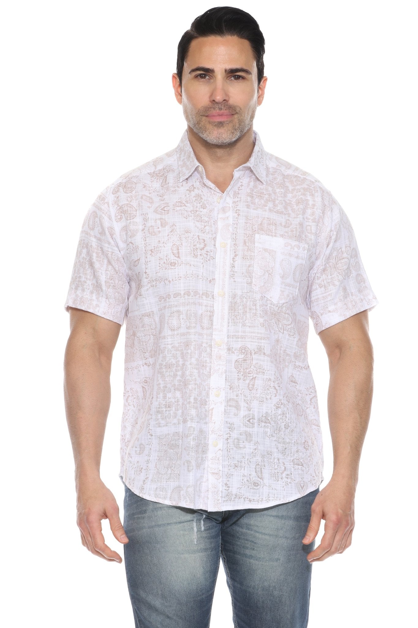 Camisa informal de lino con estampado estilo resort para hombre