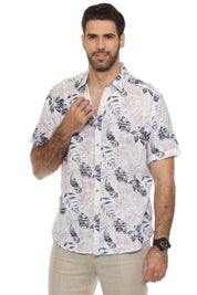 Men's Resort Style Casual Linen Blend Tropical Leaf Print Shirt