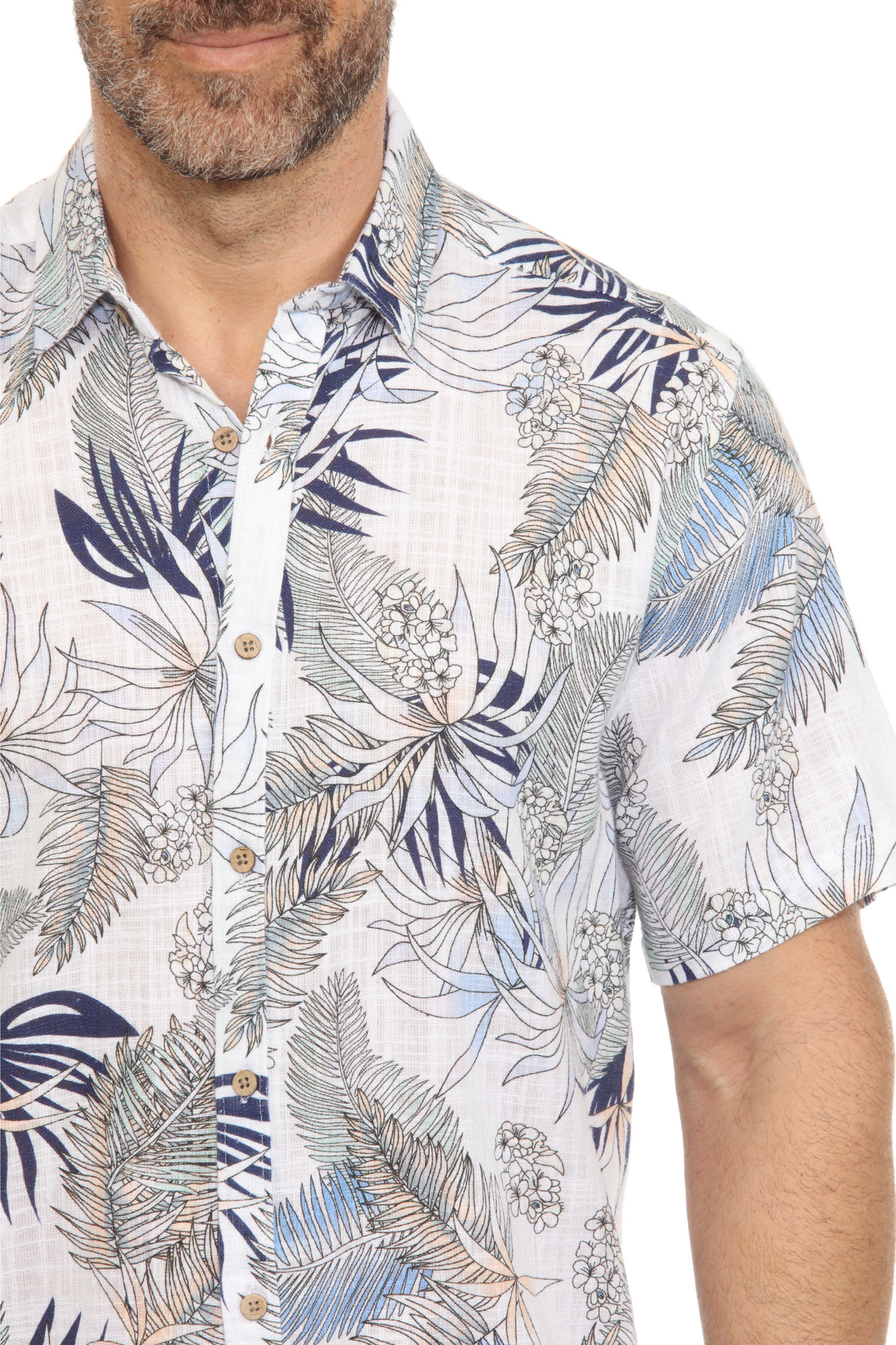 Men's Resort Style Casual Linen Blend Tropical Leaf Print Shirt