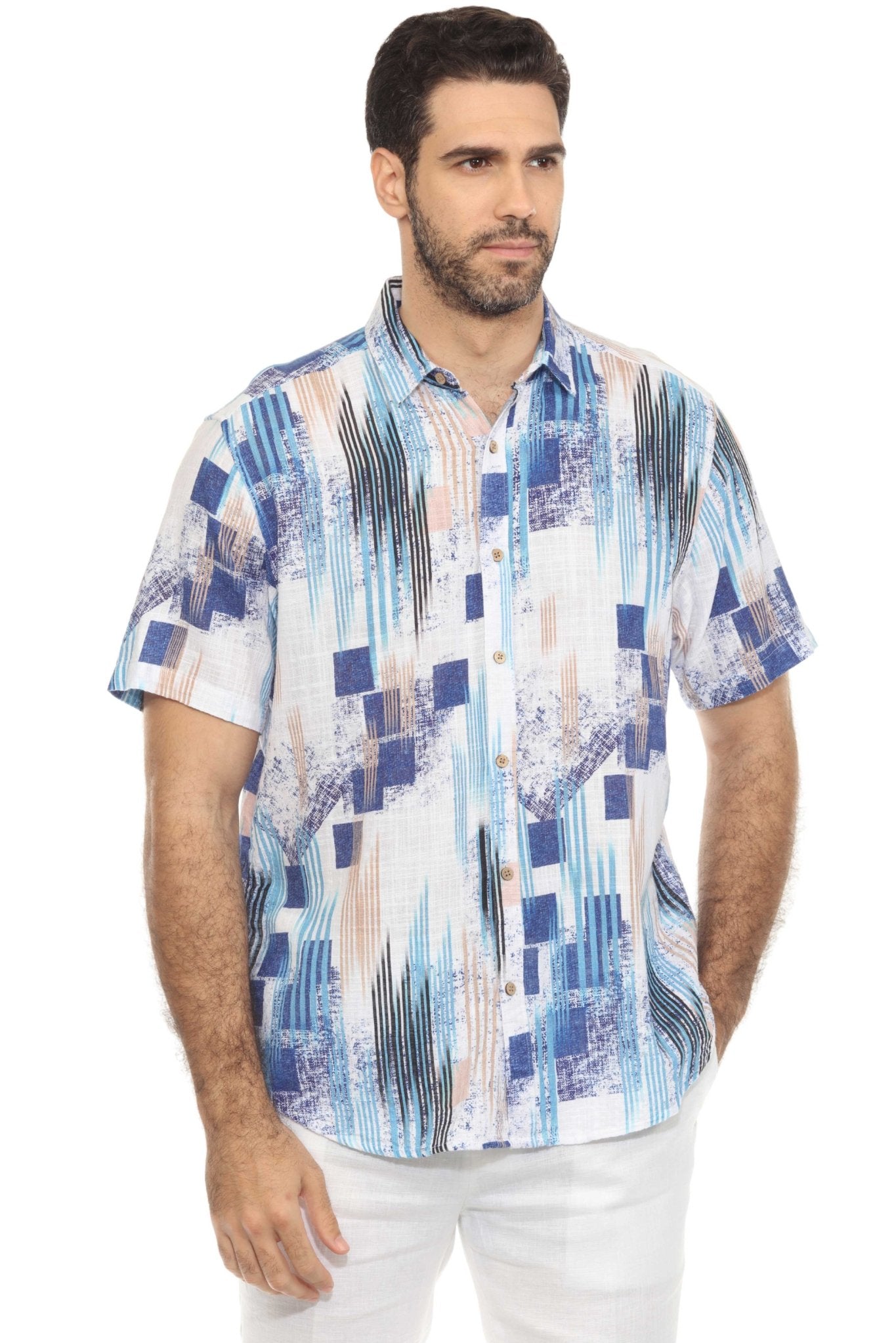 Men's Resort Style Casual Linen Blend Geo Print Shirt