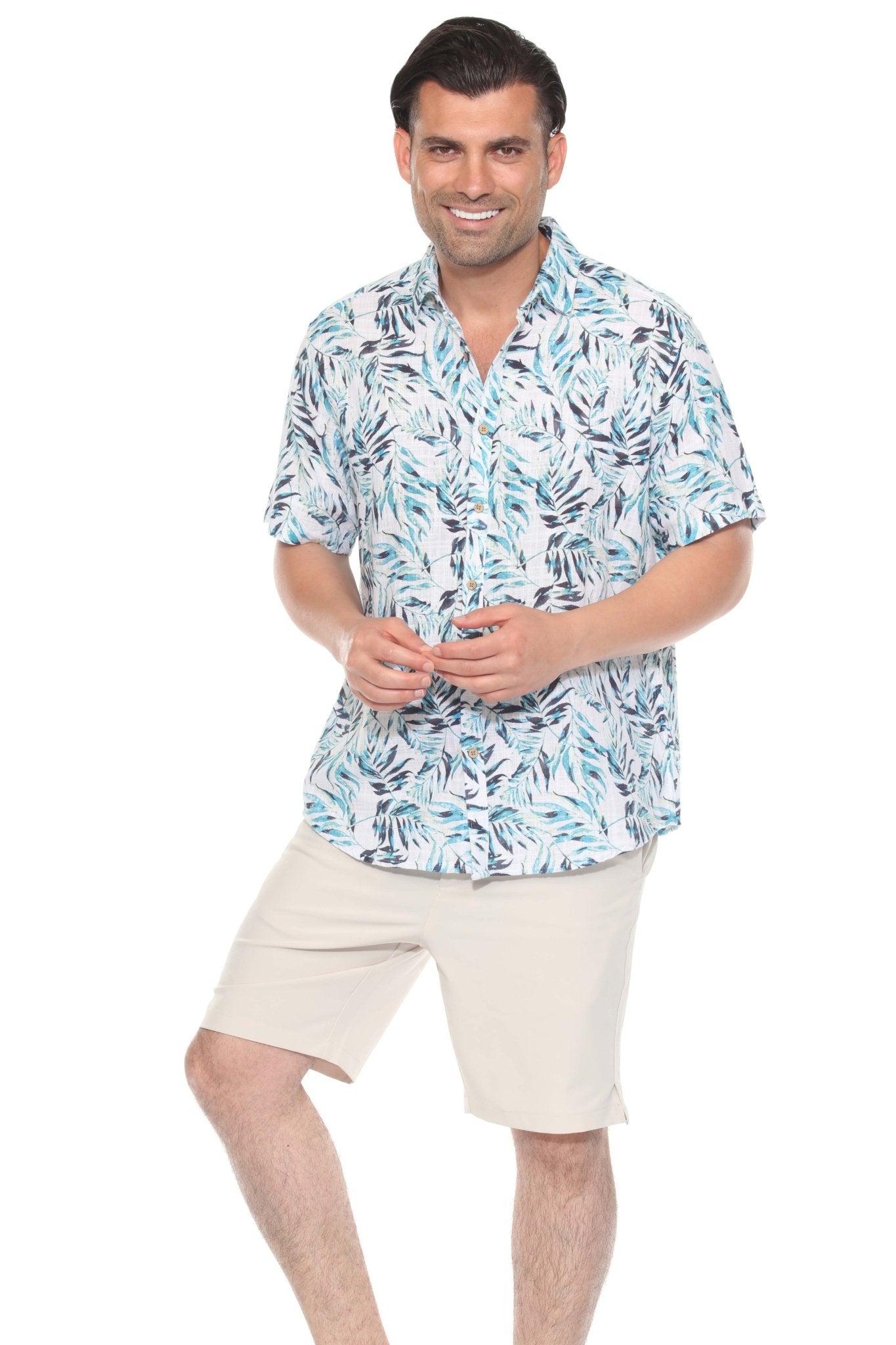 Resort Style Casual Linen Blend Colorful Tropical Leaf Print Shirt