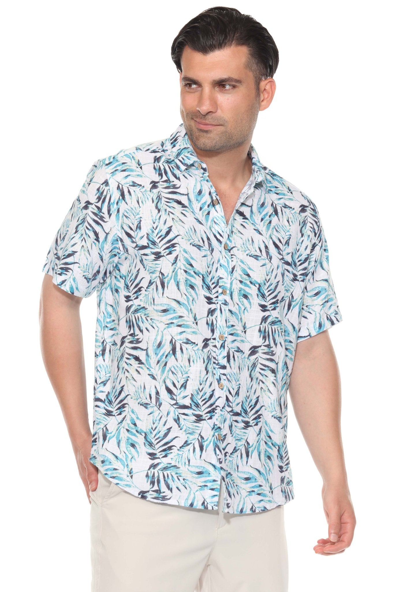 Resort Style Casual Linen Blend Colorful Tropical Leaf Print Shirt