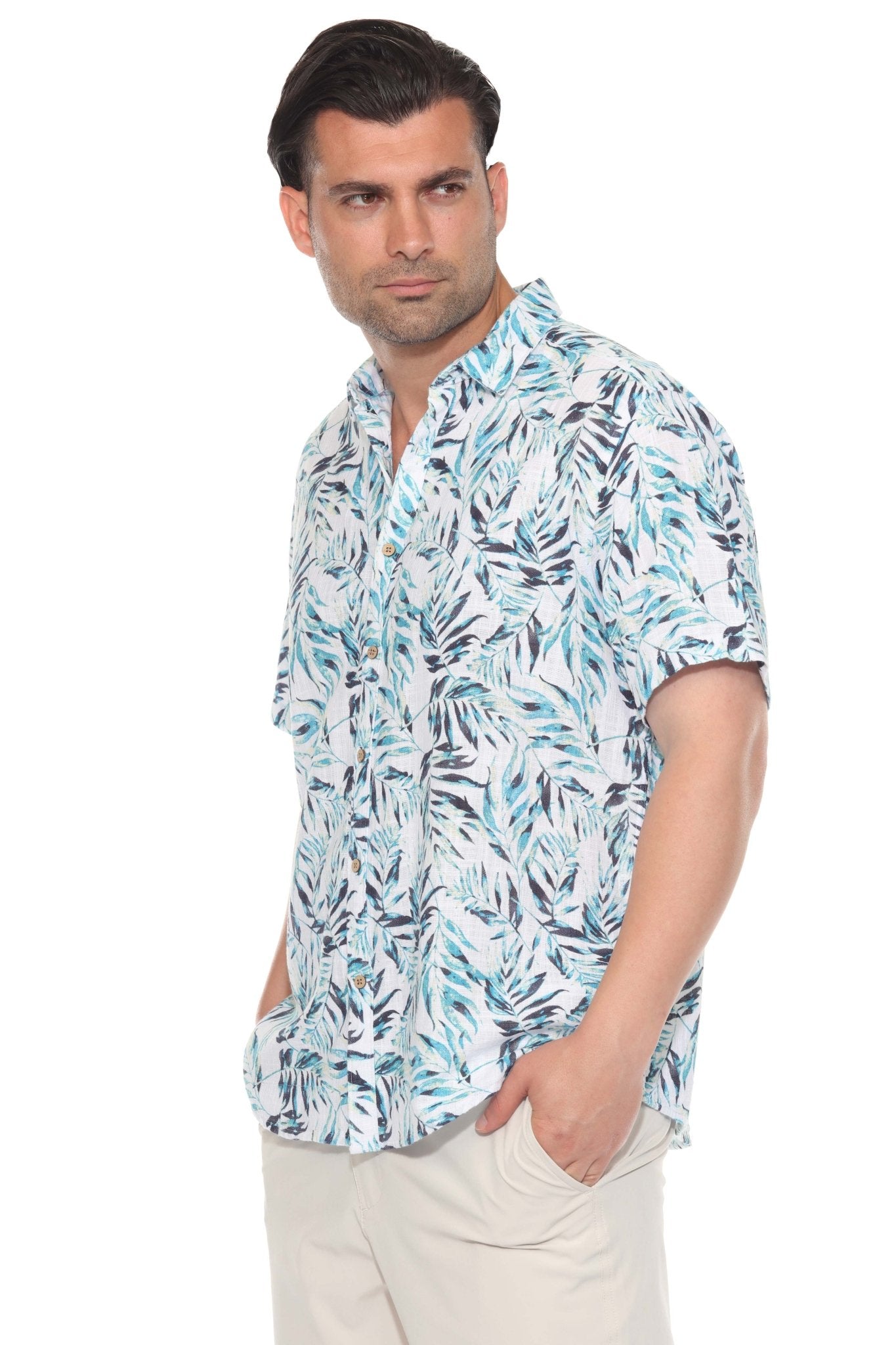 Resort Style Casual Linen Blend Colorful Tropical Leaf Print Shirt