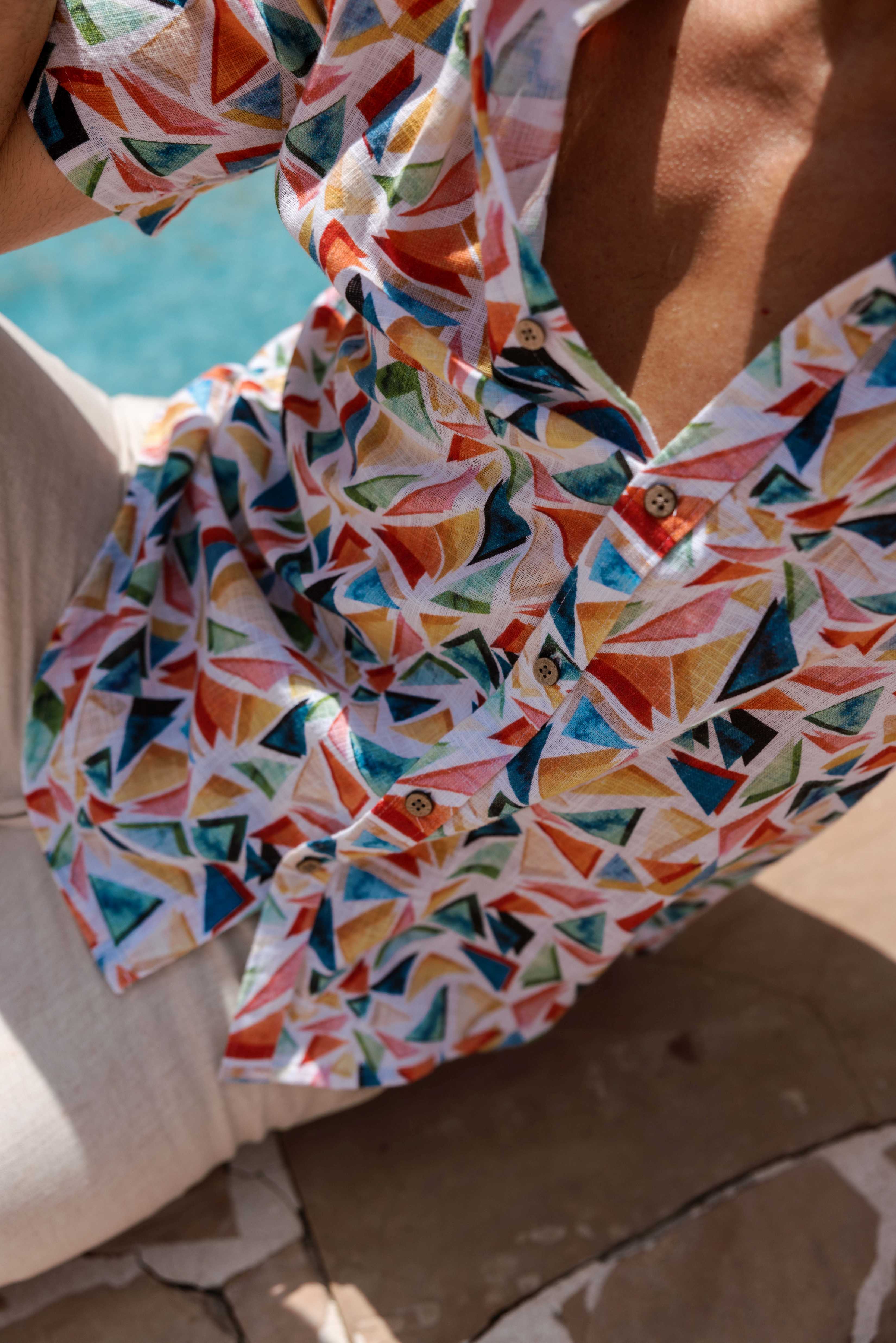 Men's Resort Style Casual Linen Blend Colorful Geometric Print Shirt