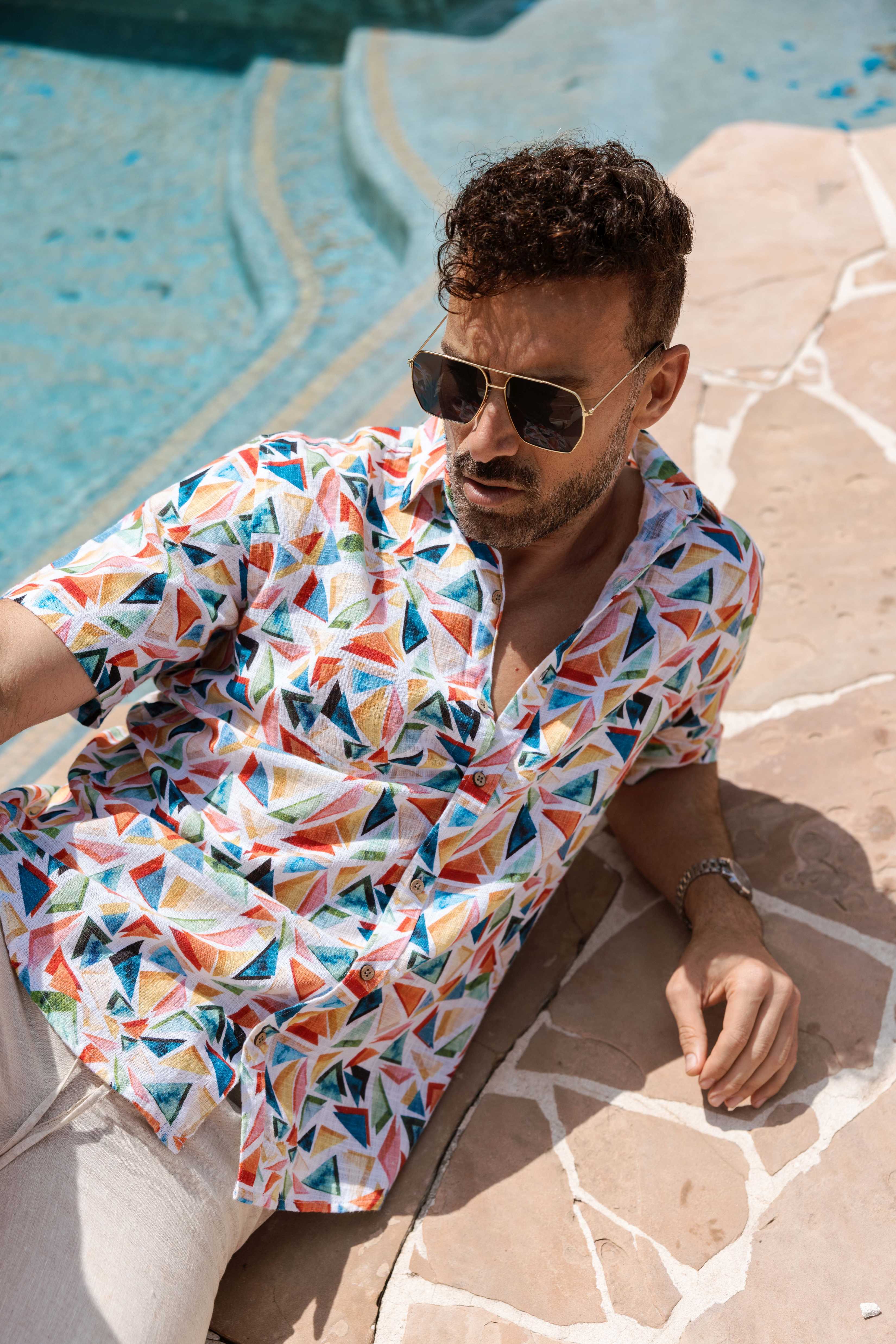 Men's Resort Style Casual Linen Blend Colorful Geometric Print Shirt