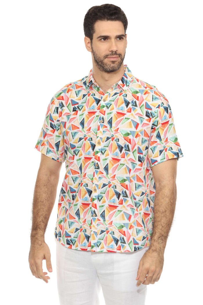 Resort Style Casual Linen Blend Colorful Geometric Print Shirt