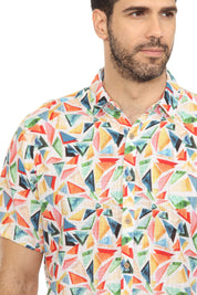 Men's Resort Style Casual Linen Blend Colorful Geometric Print Shirt