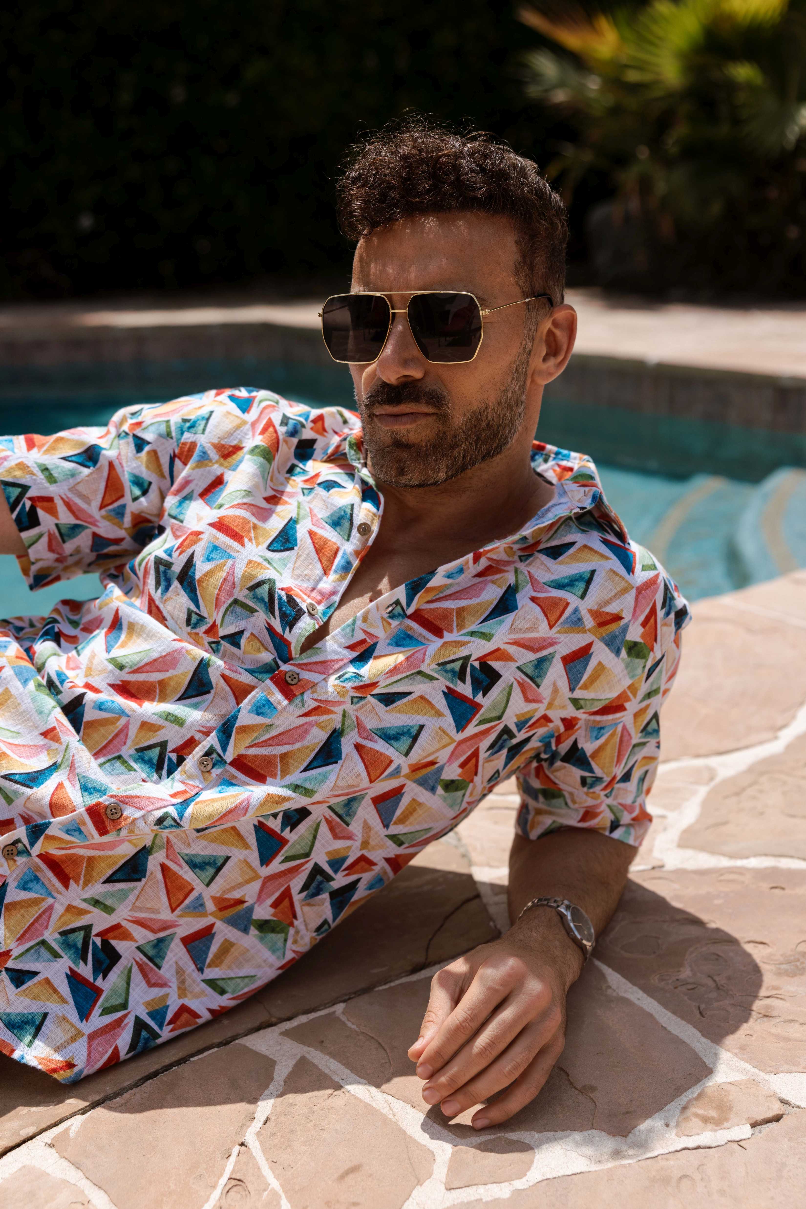 Men's Resort Style Casual Linen Blend Colorful Geometric Print Shirt