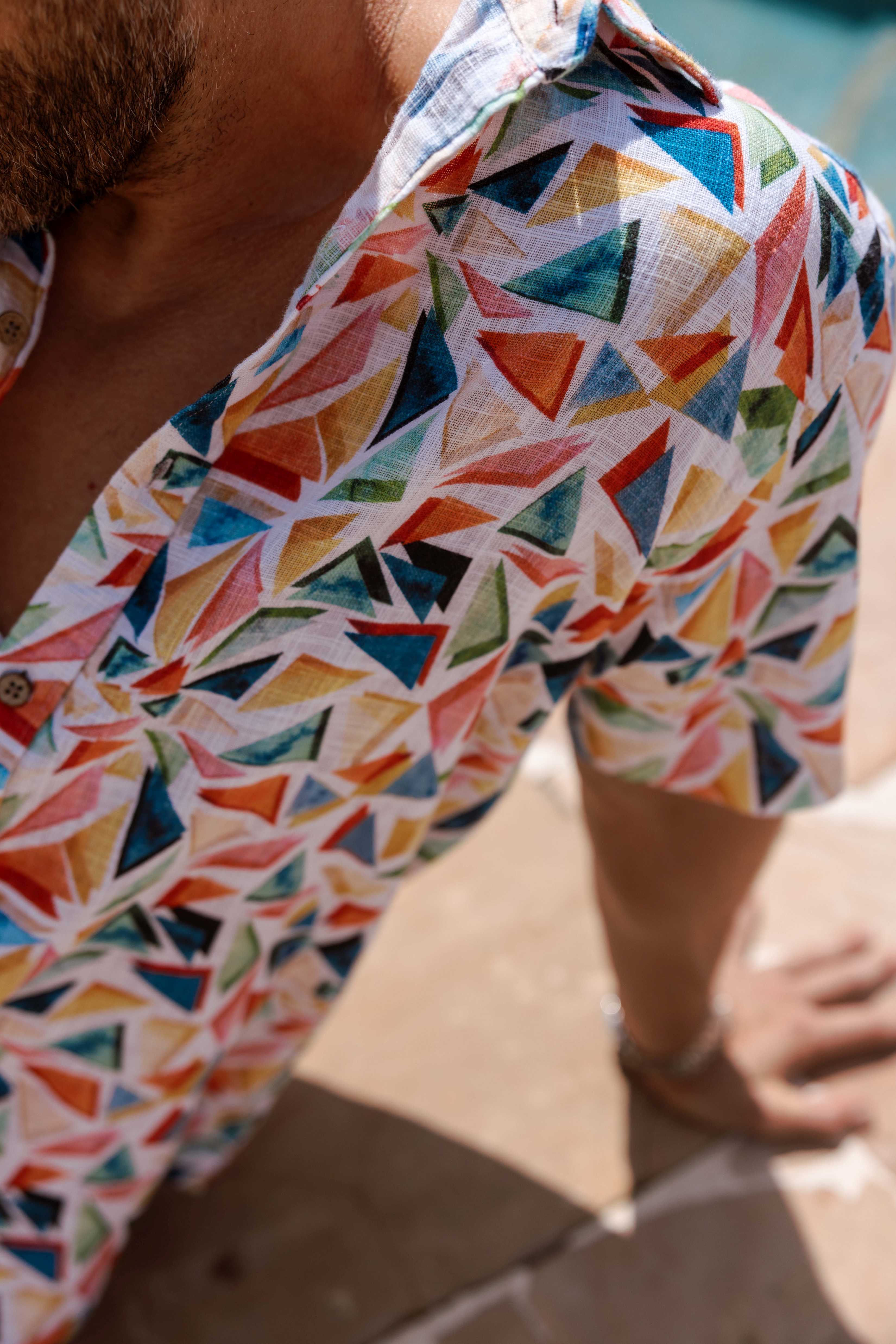 Men's Resort Style Casual Linen Blend Colorful Geometric Print Shirt