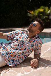 Men's Resort Style Casual Linen Blend Colorful Geometric Print Shirt