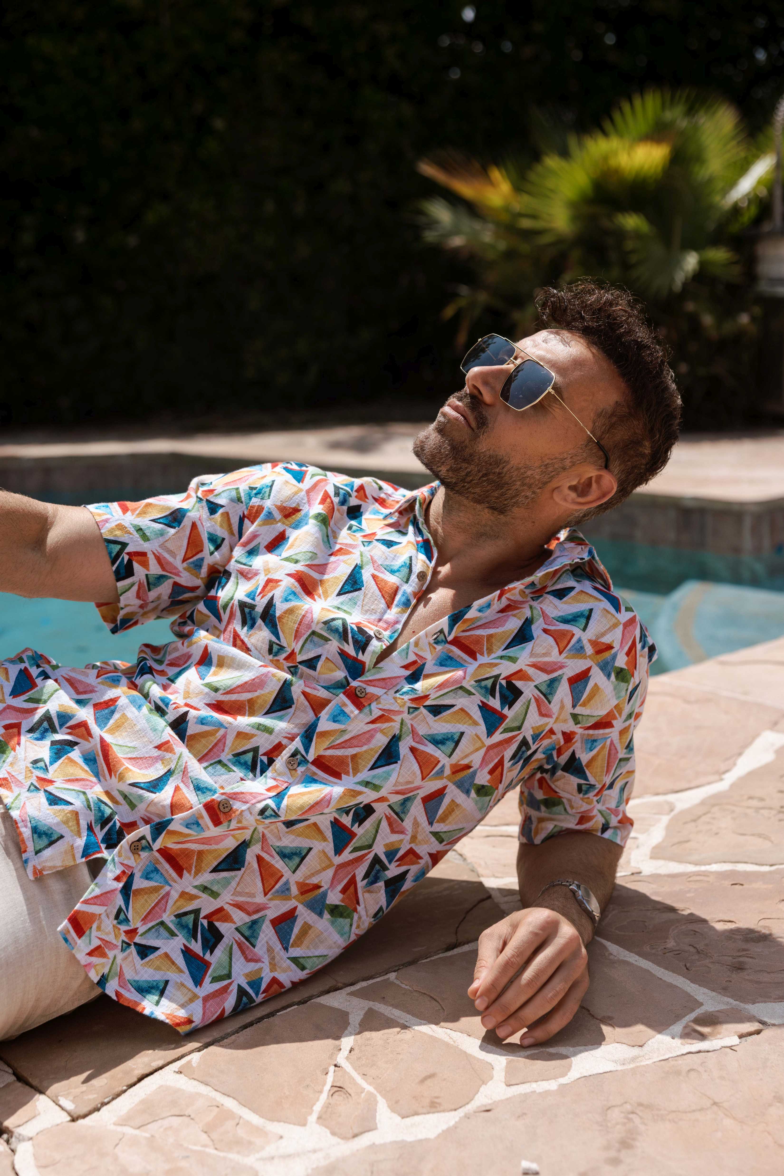 Men's Resort Style Casual Linen Blend Colorful Geometric Print Shirt