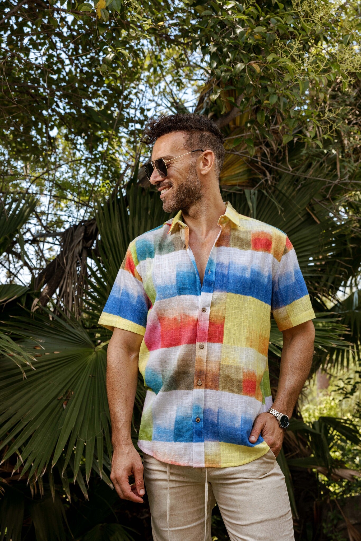Men's Resort Style Casual Linen Blend Colorful Print Shirt