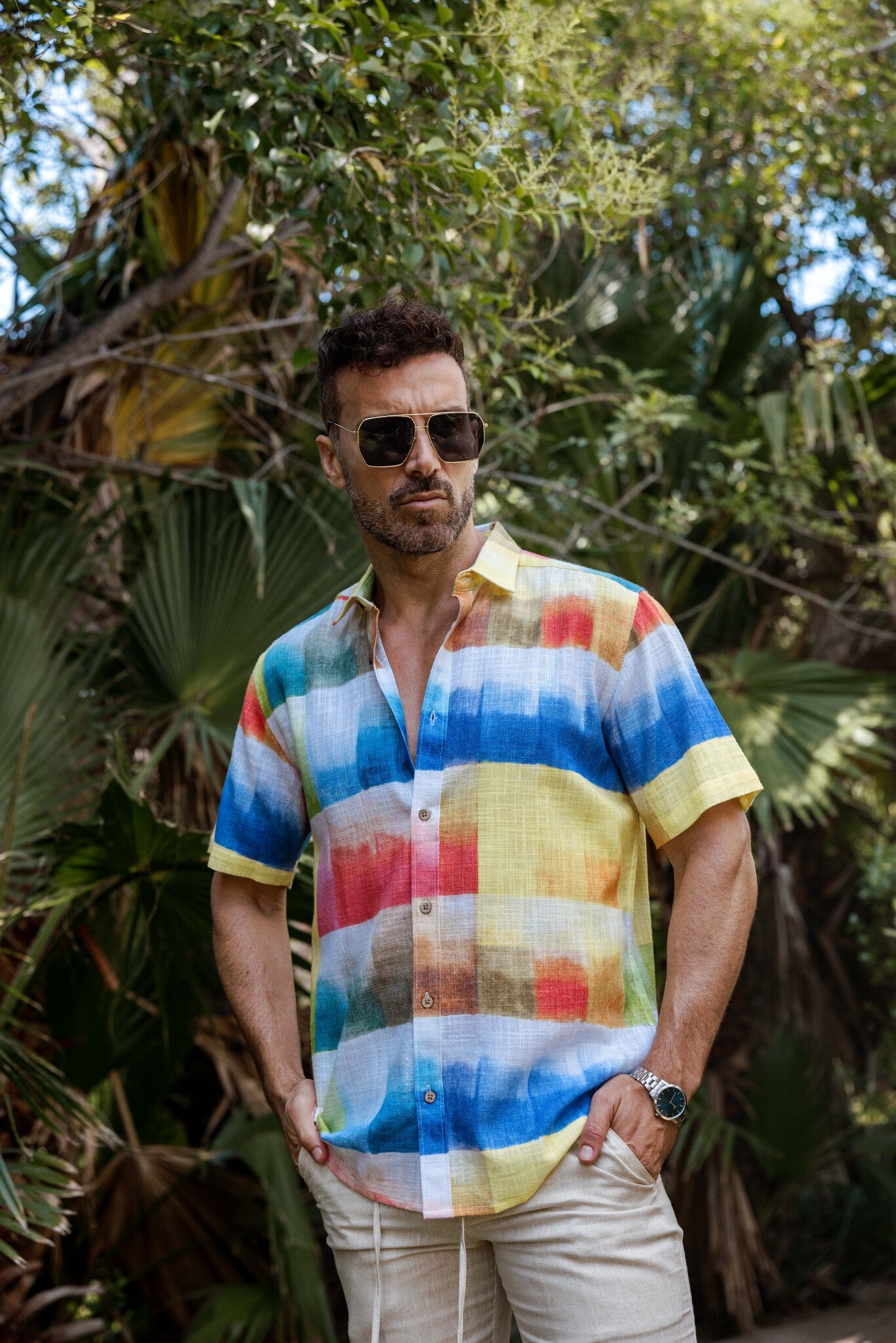 Men's Linen Cotton Blend Tropical Print Resort Shirt Small / Multi