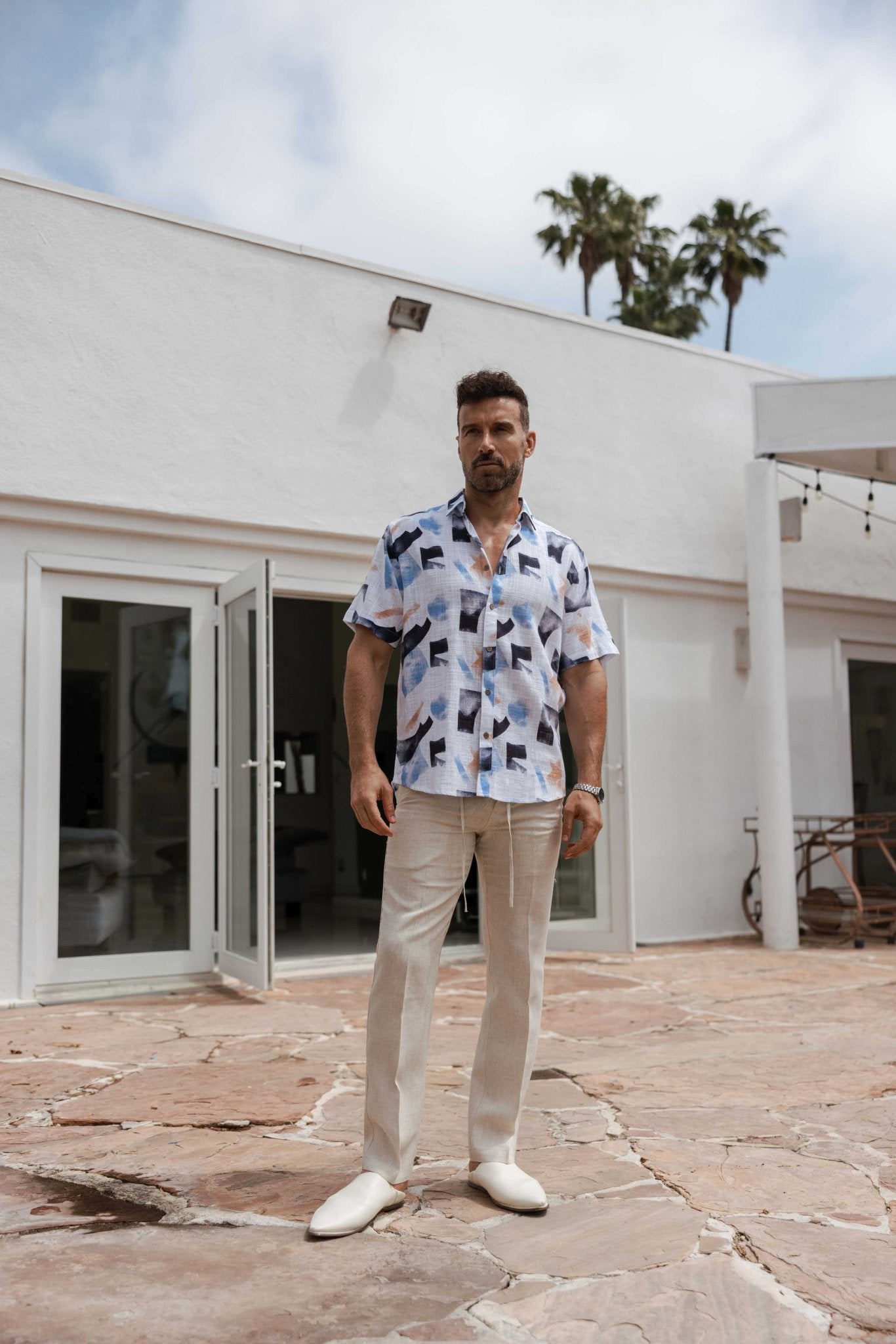 Men's Resort Style Casual Linen Blend Colorful Abstract Print Shirt