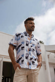 Men's Resort Style Casual Linen Blend Colorful Abstract Print Shirt