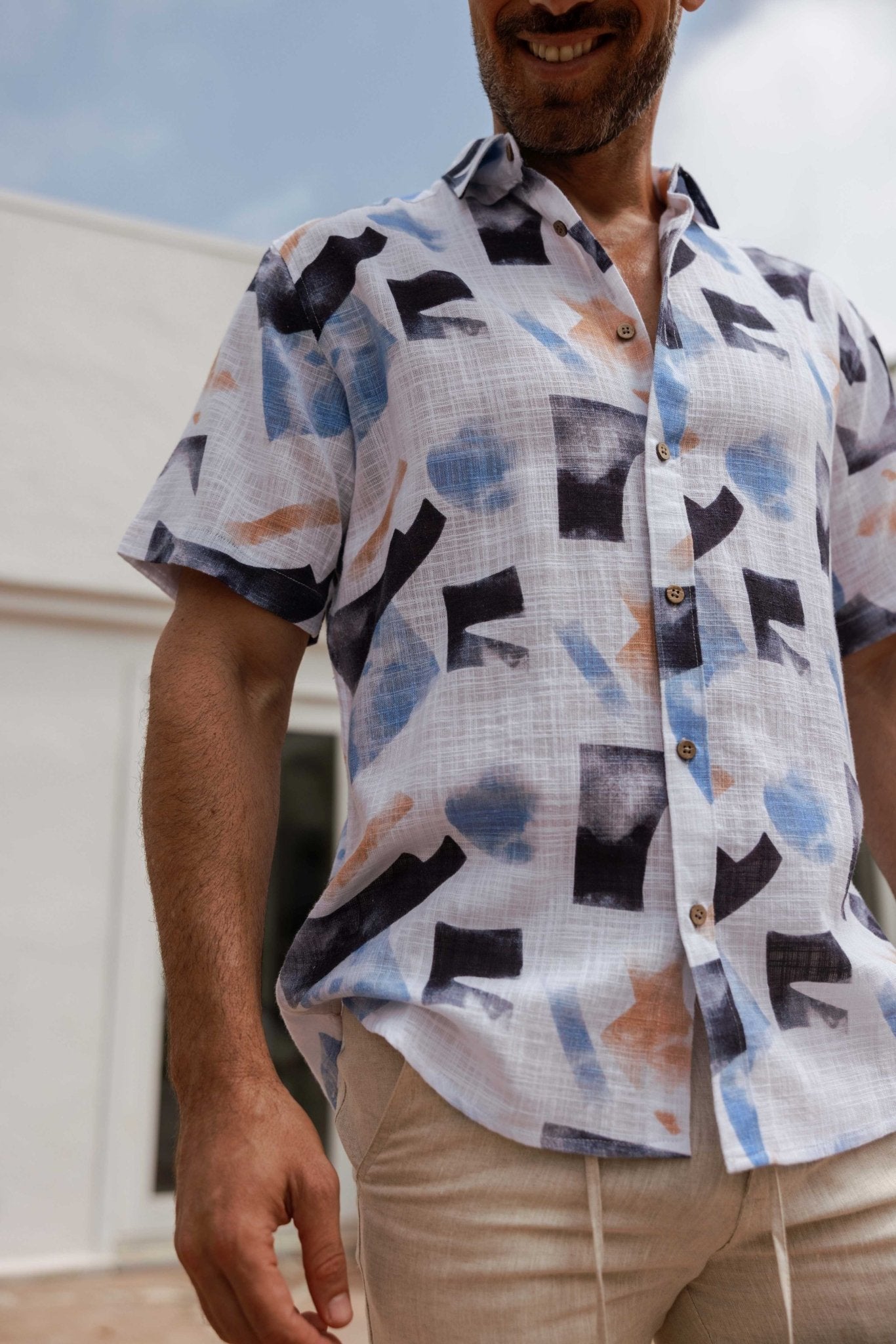 Men's Resort Style Casual Linen Blend Colorful Abstract Print Shirt