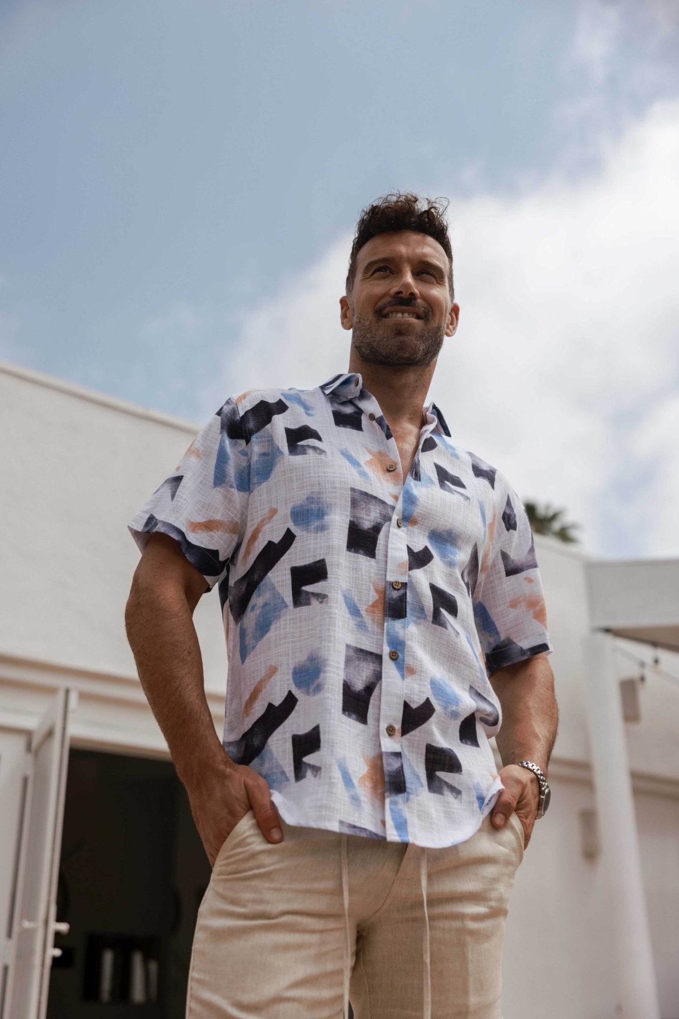 Men's Resort Style Casual Linen Blend Colorful Abstract Print Shirt
