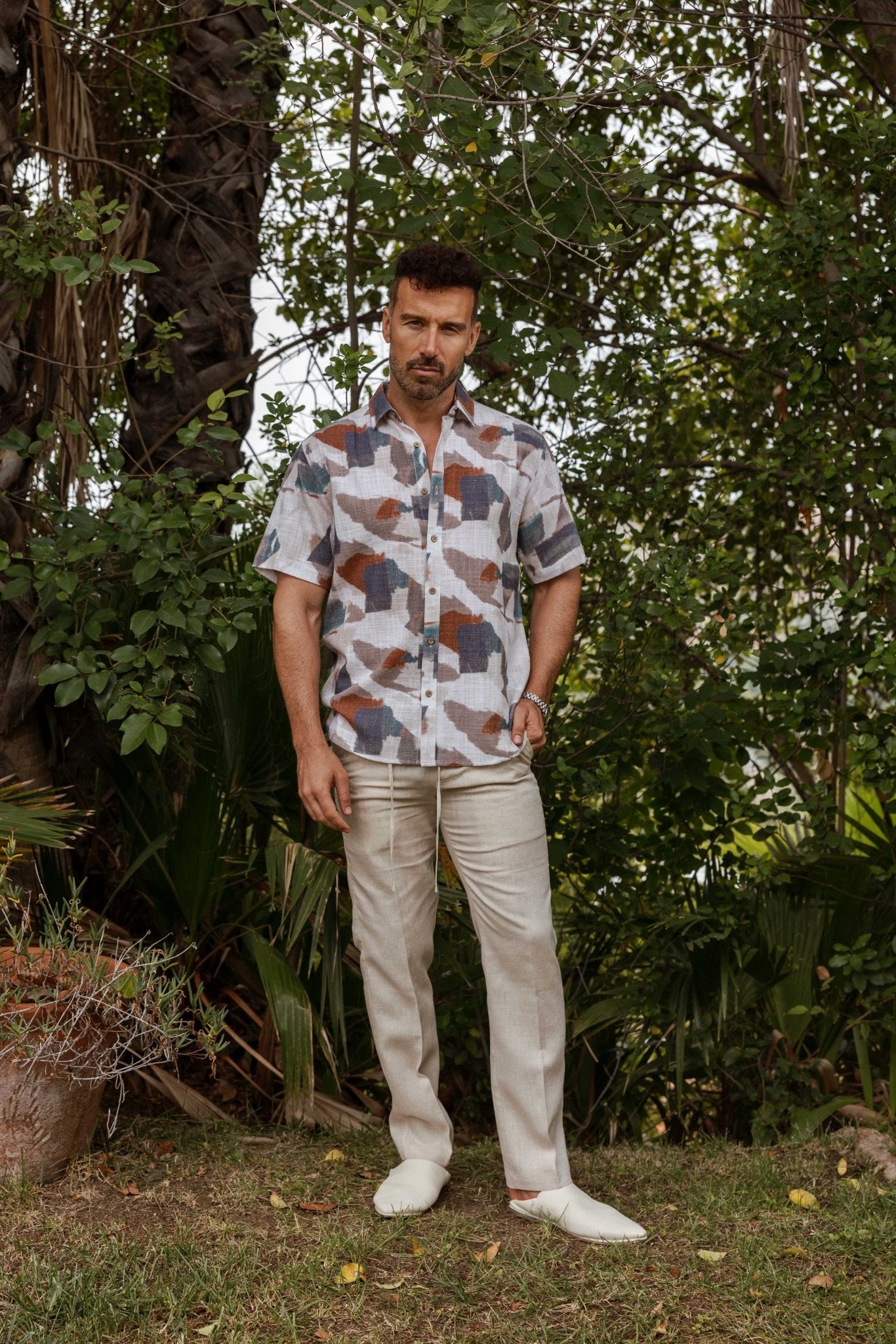 Men's Resort Style Casual Linen Blend Colorful Abstract Print Shirt