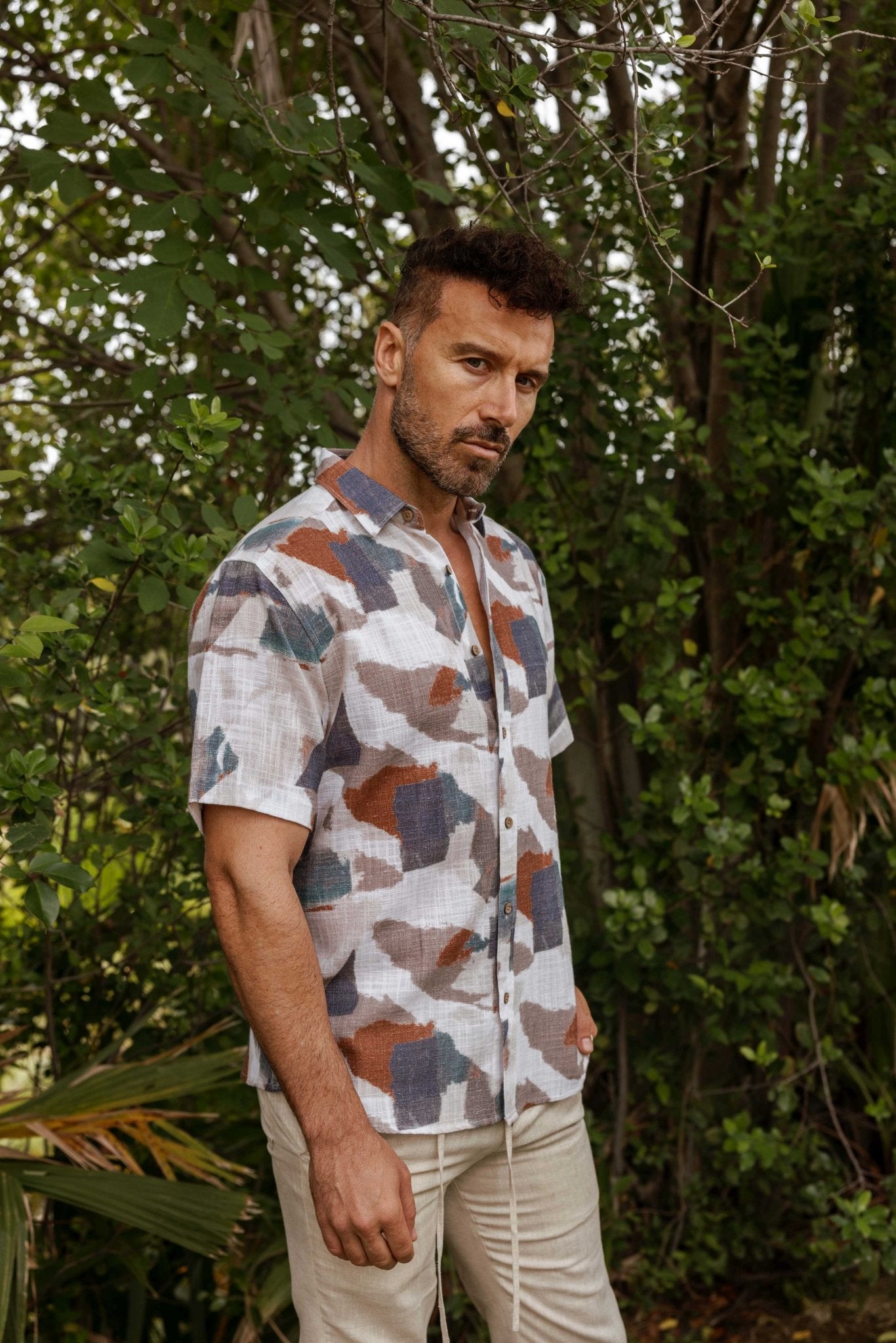 Men's Resort Style Casual Linen Blend Colorful Abstract Print Shirt