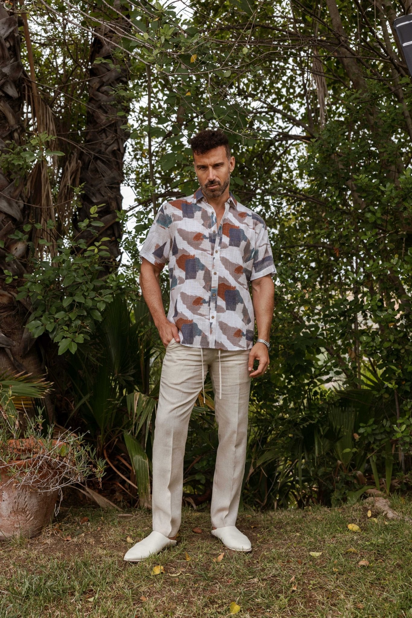 Men's Resort Style Casual Linen Blend Colorful Abstract Print Shirt