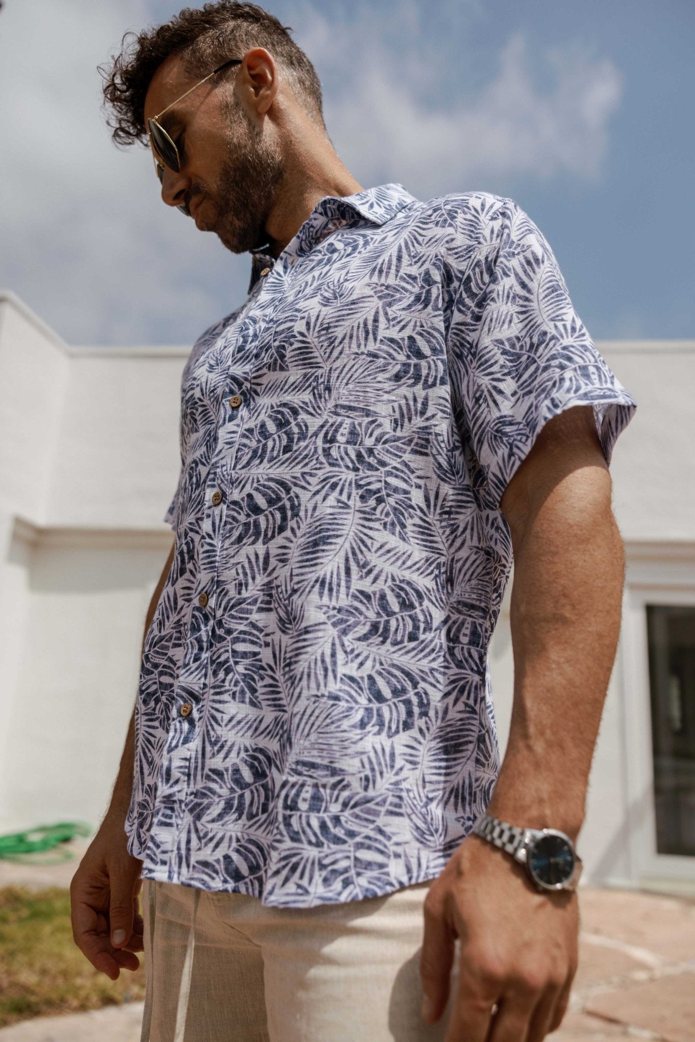 Camisa informal de lino con estampado estilo resort para hombre