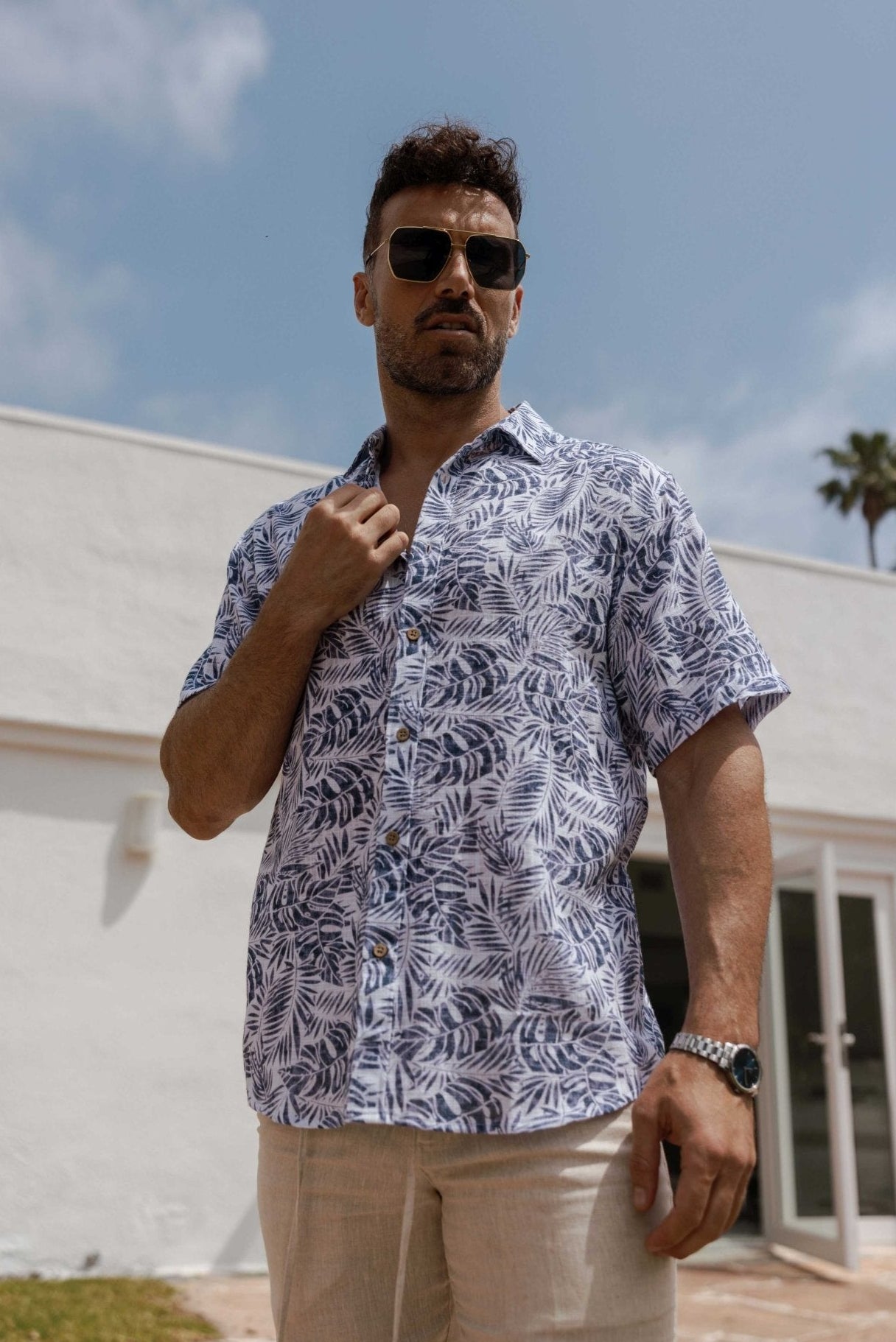 Camisa informal de lino con estampado estilo resort para hombre