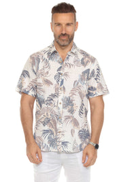 Men's Resort Style Casual Linen Blend Leafy Tropical Print Shirt