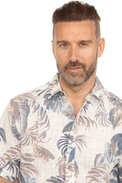 Men's Resort Style Casual Linen Blend Leafy Tropical Print Shirt