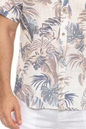 Men's Resort Style Casual Linen Blend Leafy Tropical Print Shirt