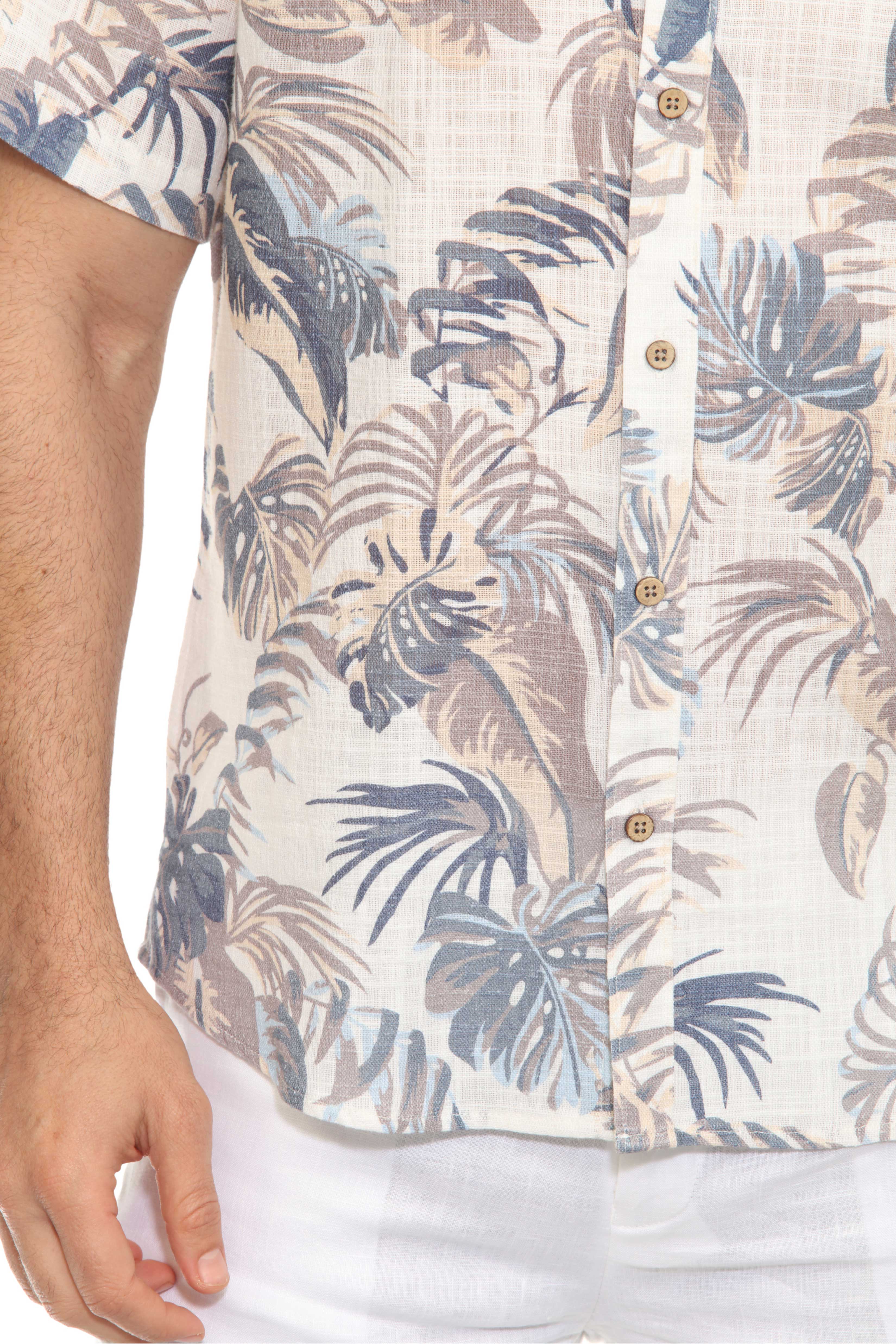 Men's Resort Style Casual Linen Blend Leafy Tropical Print Shirt