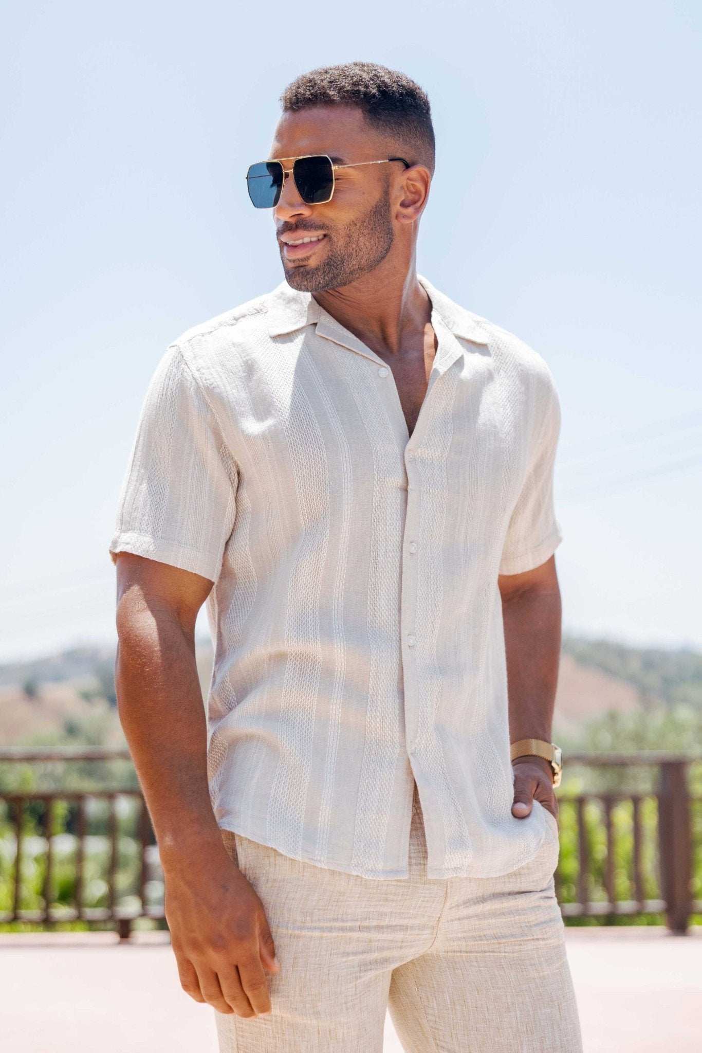 Camisa informal de lino con estampado estilo resort para hombre