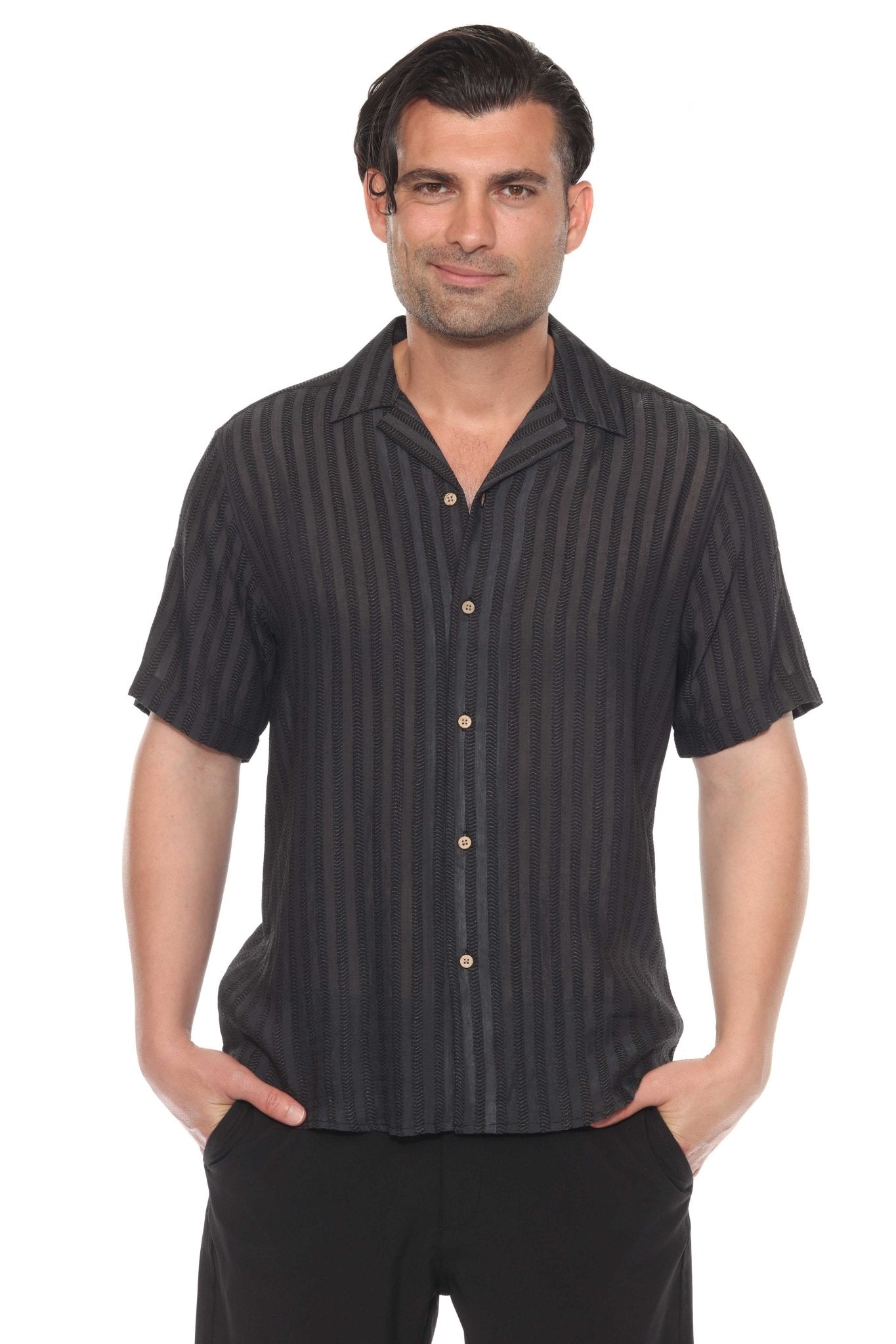 Men's Striped Camp Collar Resort Shirt Large / Black