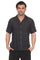 A man wears a short-sleeved Striped Rayon Blend resort shirt with a vertical stripe pattern and wooden buttons.