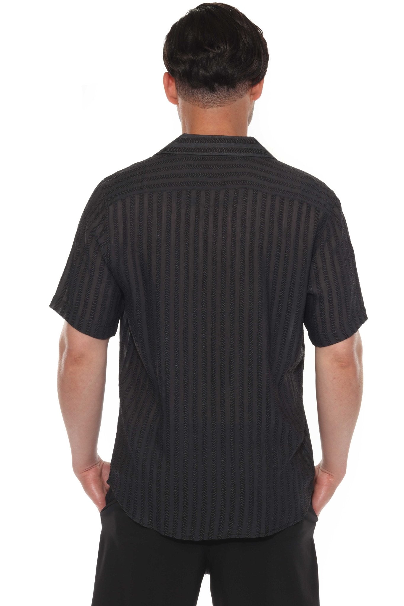 Back view of a person wearing a striped black Rayon Blend resort shirt.
