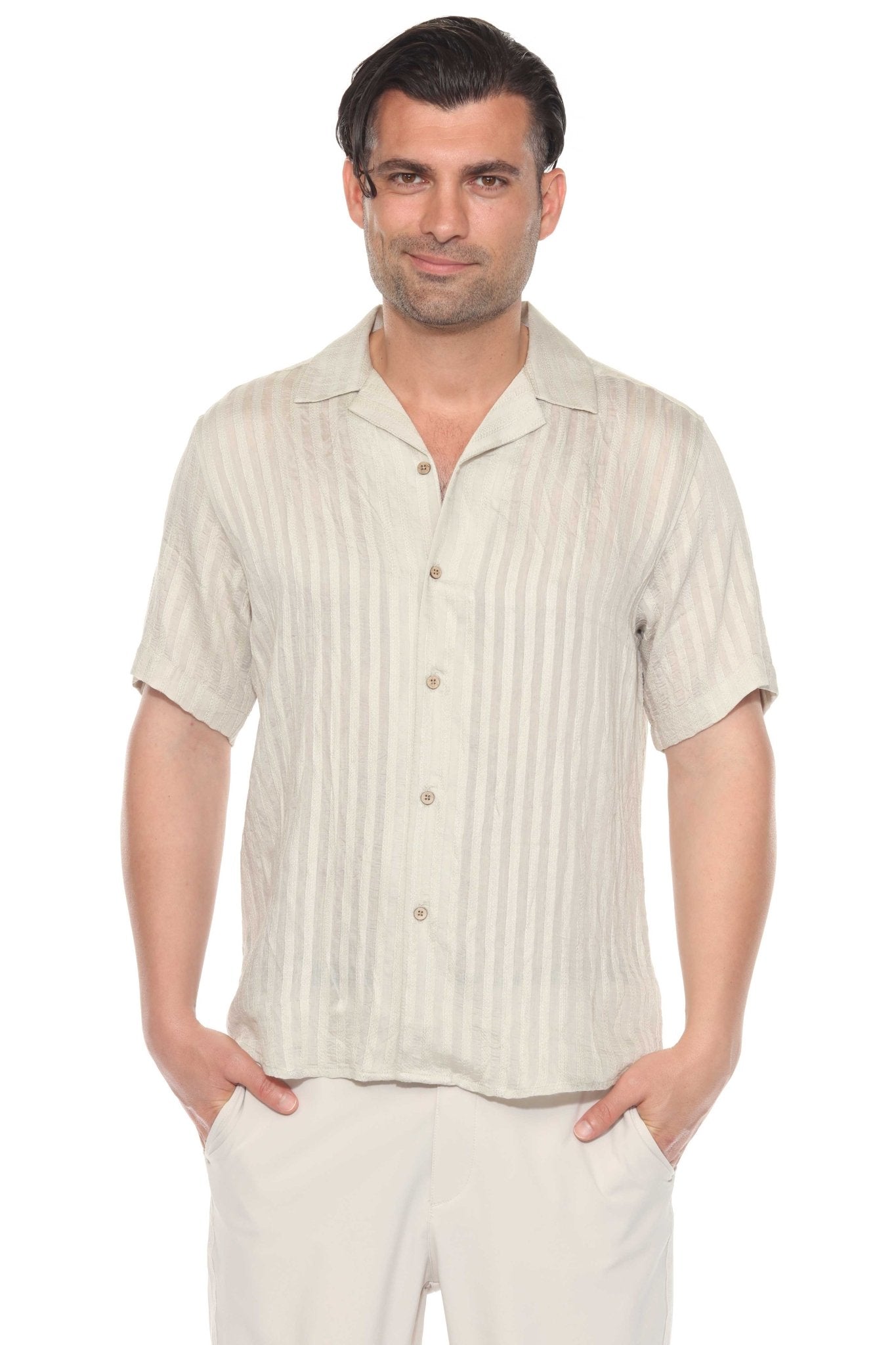 Men's Rayon Blend Tonal Stripe Camp Collar Resort Shirt X-Large / STONE
