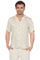 Front view of a model wearing a beige striped Rayon Blend resort shirt.