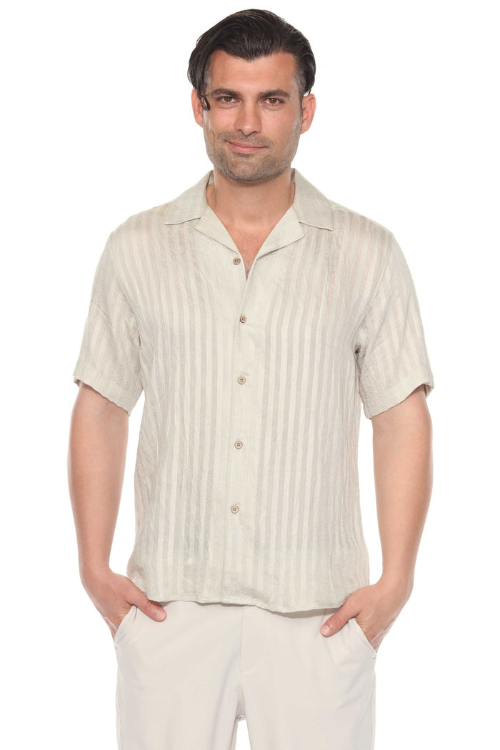 Front view of a model wearing a beige striped Rayon Blend resort shirt.